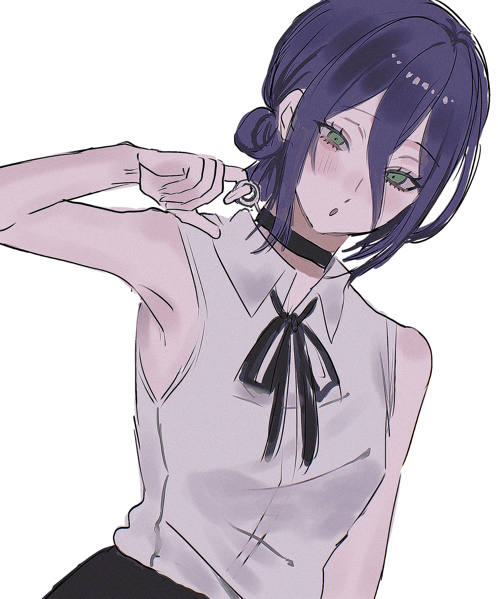 reze (chainsaw man), chainsaw man, highres, 1girl, black choker, choker, collared shirt, green eyes, grenade pin, hair bun, kumaaaamiiii, neck ribbon, open mouth, pull cord, pulling, purple hair, ribbon, shirt, simple background, single hair bun, sleeveless, solo, upper body, white background, white shirt