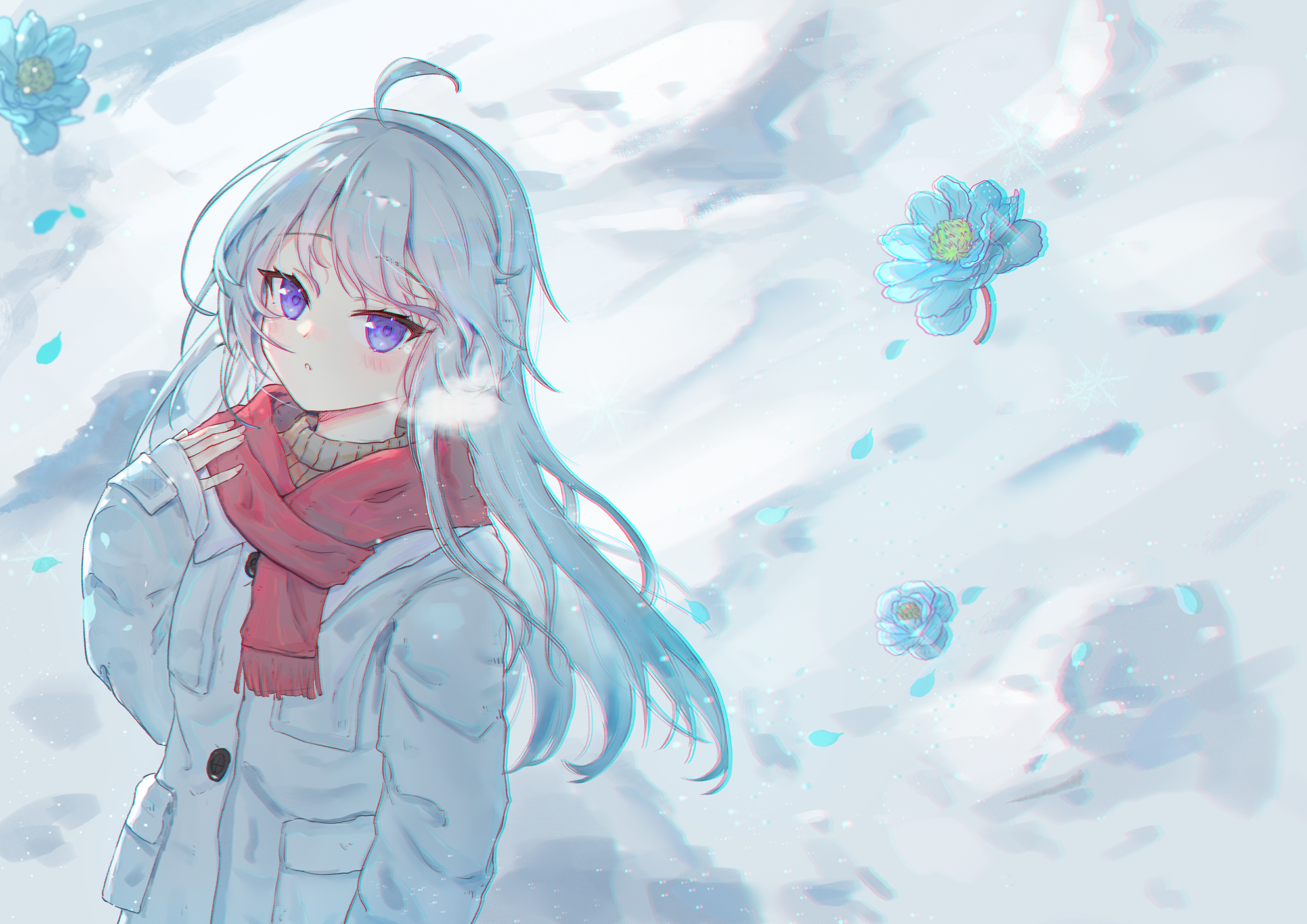 huaijiu, elaina (majo no tabitabi), majo no tabitabi, absurdres, commentary, highres, 1girl, ahoge, arm at side, blue flower, blush, breath, chromatic aberration, coat, day, floating flowers, floating hair, flower, from above, grey hair, hand up, long hair, looking at viewer, outdoors, parted lips, petals, purple eyes, red scarf, scarf, sleeves past wrists, snow, solo, standing, upper body, white coat, white hair, winter, winter clothes, winter coat