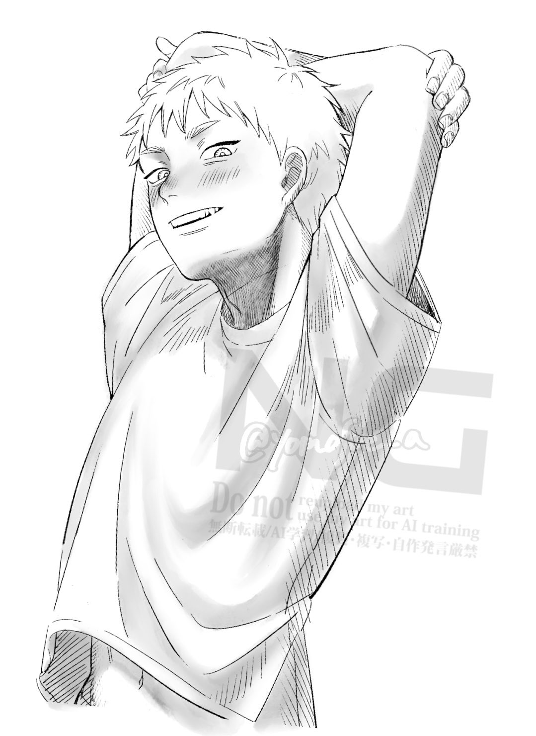 indou hikaru, hikaru ga shinda natsu, commentary request, highres, 1boy, arms up, blush, cropped torso, looking at viewer, male focus, midriff peek, navel, short eyebrows, short hair, simple background, solo, teeth, twitter username, watermark, white background, yomosue a