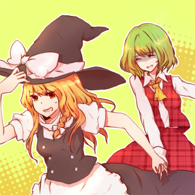 kurosujuu, kazami yuuka, kirisame marisa, touhou, bad id, bad pixiv id, 2girls, ascot, blonde hair, closed eyes, female focus, green hair, hat, holding hands, multiple girls, plaid clothes, plaid skirt, plaid vest, shaded face, short hair, skirt, skirt set, unmoving pattern, vest, witch hat
