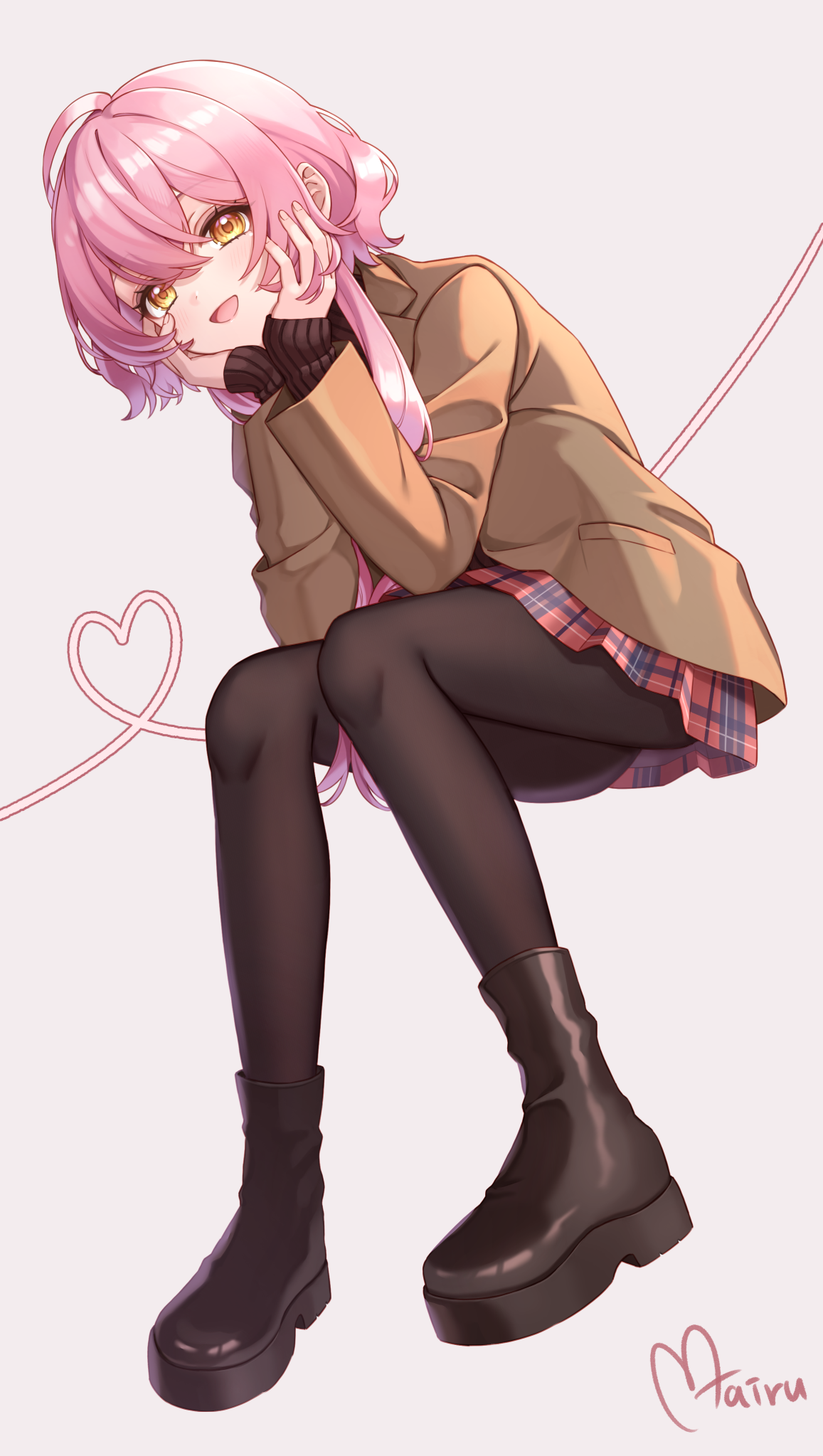 shion (tafu), original, commentary request, highres, 1girl, :d, ahoge, ass, black boots, black pantyhose, black sweater, boots, brown eyes, brown jacket, full body, grey background, hair between eyes, heart, jacket, long sleeves, looking at viewer, open mouth, pantyhose, pink hair, plaid clothes, plaid skirt, pleated skirt, red skirt, ribbed sweater, signature, sitting, skirt, sleeves past wrists, smile, solo, sweater