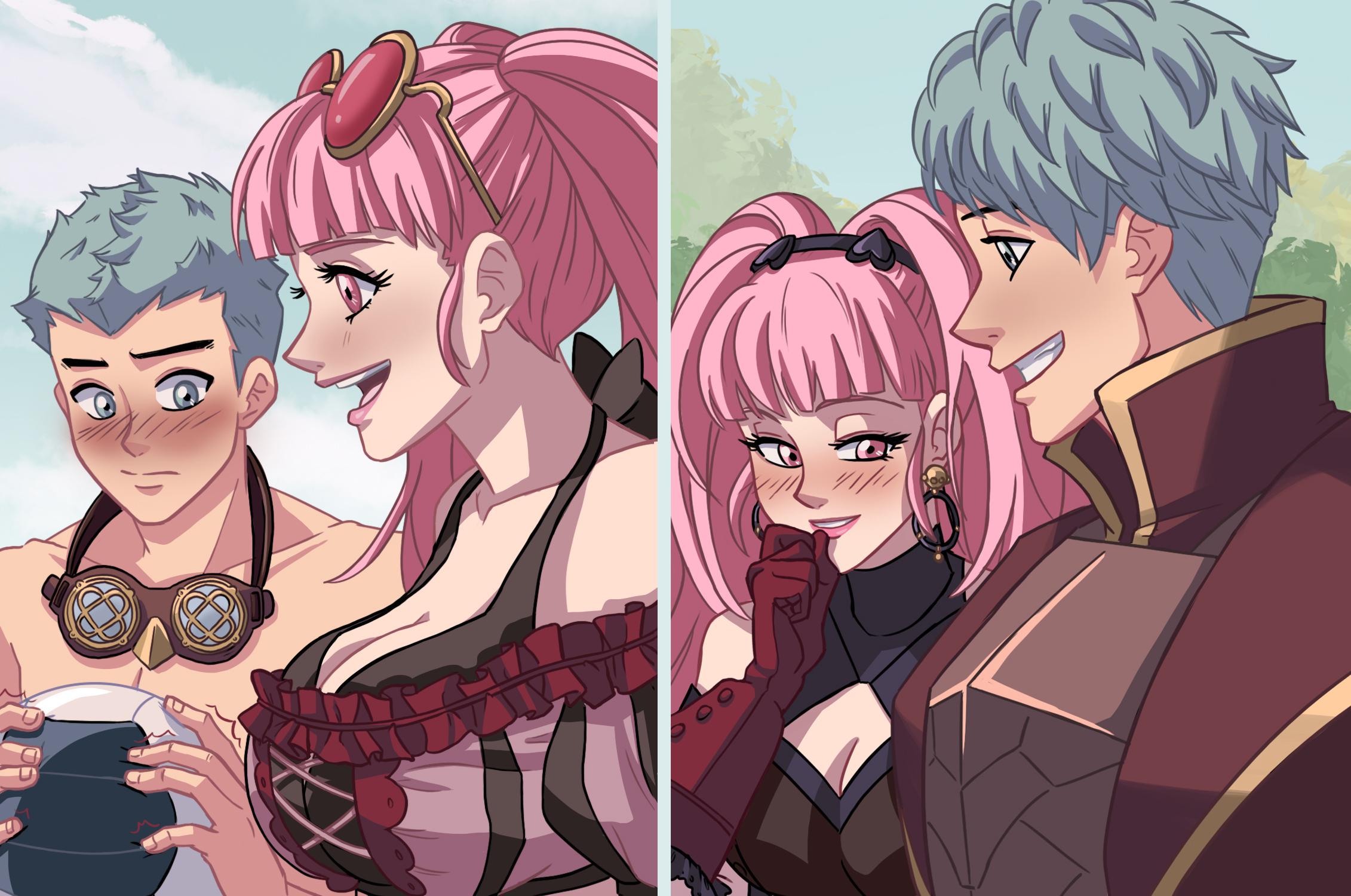 roxyryoko, caspar von bergliez, caspar von bergliez (summer), caspar von bergliez (timeskip), hilda valentine goneril, hilda valentine goneril (summer), hilda valentine goneril (timeskip), fire emblem, fire emblem: three houses, fire emblem heroes, nintendo, commentary, english commentary, highres, blue eyes, blue hair, official alternate costume, pink eyes, pink hair