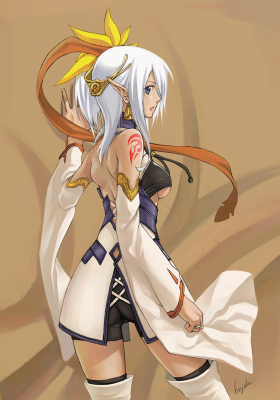 kurojishi, original, 1girl, against wall, ass, asymmetrical hair, backless outfit, bare back, bike shorts, blue eyes, breasts, detached sleeves, earrings, elf, female focus, hair ornament, jewelry, large breasts, pointy ears, ring, solo, tattoo, thighhighs, underboob, white hair, wide sleeves, zettai ryouiki