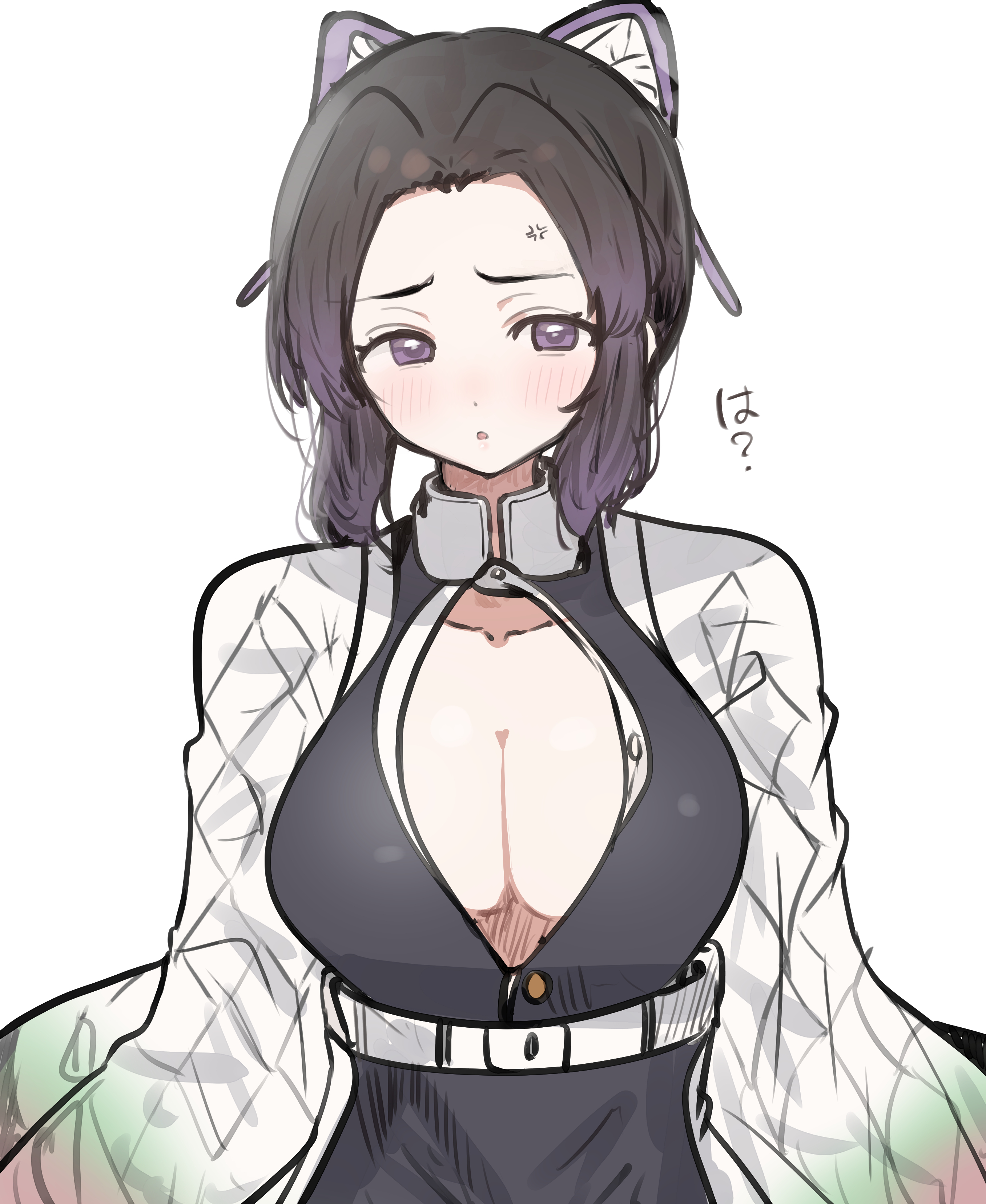 sunya (honorin-yuunibo), kochou shinobu, kimetsu no yaiba, absurdres, commentary request, highres, 1girl, :o, anger vein, belt, black hair, blush, breasts, butterfly hair ornament, cleavage, demon slayer uniform, hair intakes, hair ornament, haori, japanese clothes, large breasts, purple eyes, simple background, solo, upper body, white background, white belt, white haori