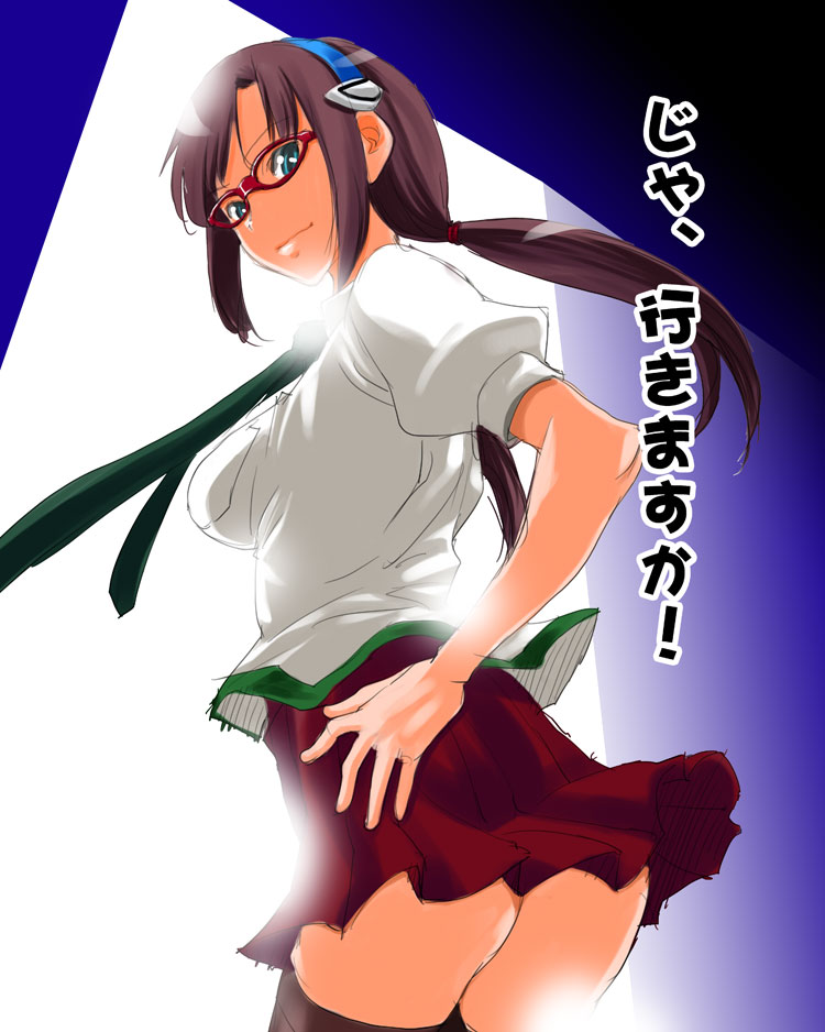 shinama, makinami mari illustrious, neon genesis evangelion, rebuild of evangelion, translated, 00s, ass, brown hair, glasses, hairband, long hair, necktie, plaid clothes, plaid skirt, school uniform, skirt, smile, solo, thighhighs, zettai ryouiki