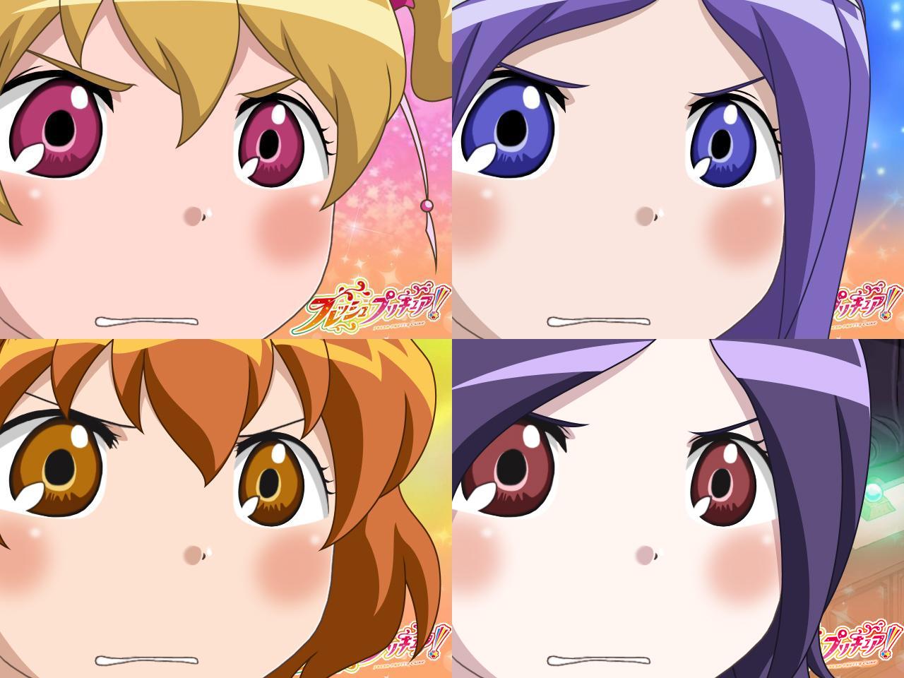 aono miki, higashi setsuna, momozono love, yamabuki inori, fresh precure!, precure, 00s, 4girls, blonde hair, blue eyes, brown eyes, eyelashes, gununu (meme), meme, multiple girls, purple eyes, purple hair, red hair
