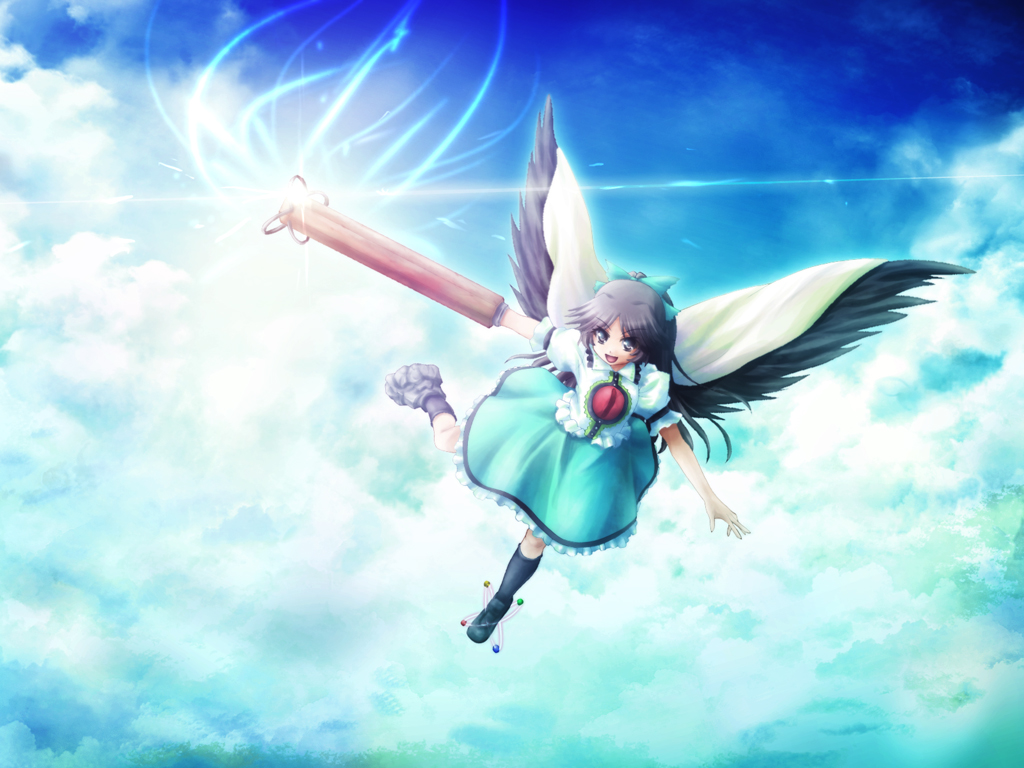 akashio (loli ace), reiuji utsuho, touhou, bad id, bad pixiv id, 1girl, brown hair, female focus, flying, gradient background, long hair, outdoors, skirt, sky, solo, wings