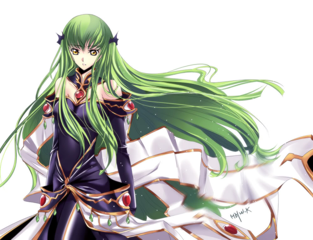 c.c., code geass, 00s, 1girl, female focus, geass, green hair, green theme, long hair, solo, yellow eyes