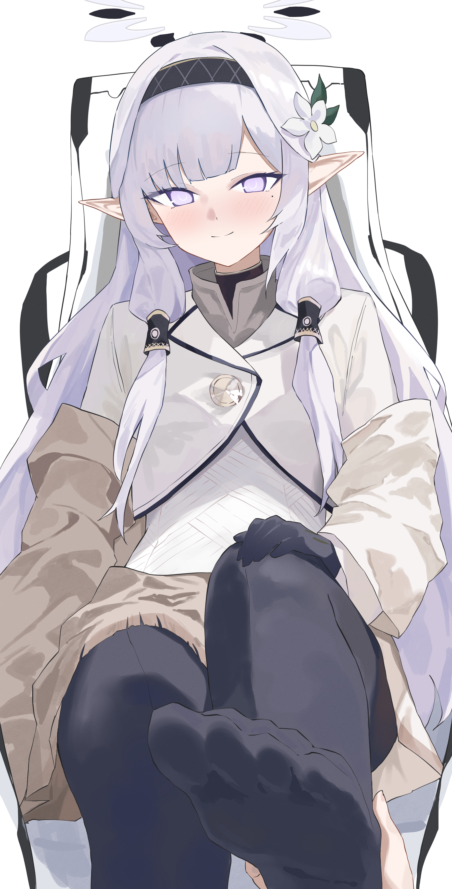 evening rabbit, himari (blue archive), blue archive, absurdres, commentary request, highres, 1girl, 1other, black gloves, black hairband, black halo, black pantyhose, blush, chair, closed mouth, elf, feet, flower, foot focus, gloves, grabbing another's ankle, grey halo, hair flower, hair ornament, hair tubes, hairband, halo, jacket, light smile, long hair, looking at viewer, mole, mole under eye, multicolored halo, no shoes, on chair, pantyhose, pointy ears, pov, powered wheelchair, purple eyes, simple background, sitting, striped clothes, striped hairband, two-tone halo, wheelchair, white background, white hair, white jacket