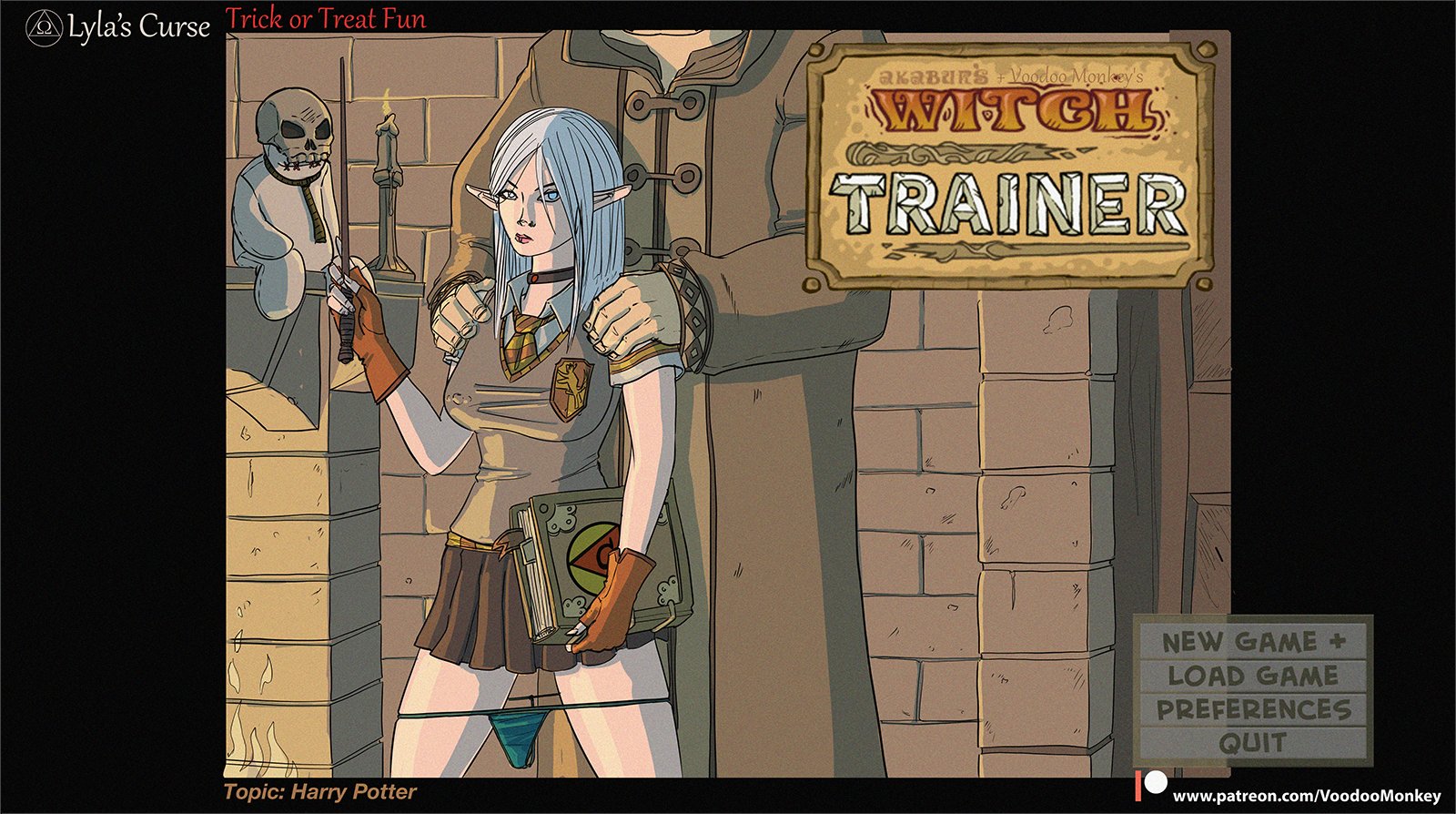 akabur, original, commentary, english commentary, highres, book, elf, fingerless gloves, gloves, grey hair, grimoire, hands on another's shoulders, holding, holding book, lyla ailwind, panties, panty pull, piercing, pointy ears, robe, school uniform, skull, stare down, underwear, voodoo monkey, wand, witch, witch trainer