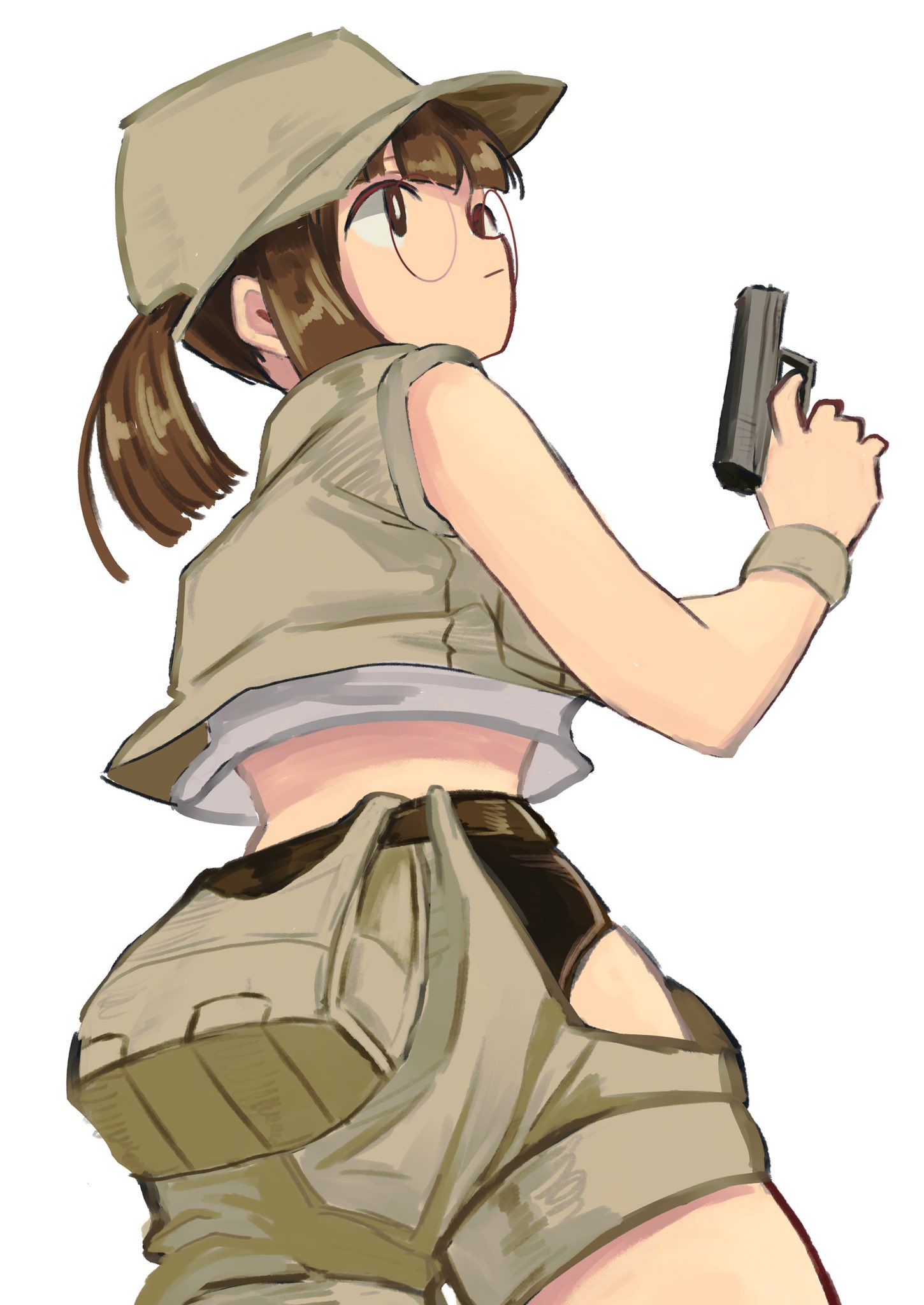 tikuwabu 33, fio germi, metal slug, hashtag-only commentary, highres, bag, belt, brown eyes, brown hair, crop top, field cap, glasses, gun, handbag, hat, holding, holding gun, holding weapon, military, ponytail, round eyewear, shorts, weapon, white background