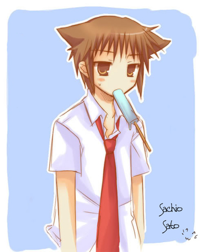kyon, suzumiya haruhi no yuuutsu, lowres, 00s, animal ears, bored, brown hair, cat ears, food, ice cream, necktie, popsicle, short hair, sweat