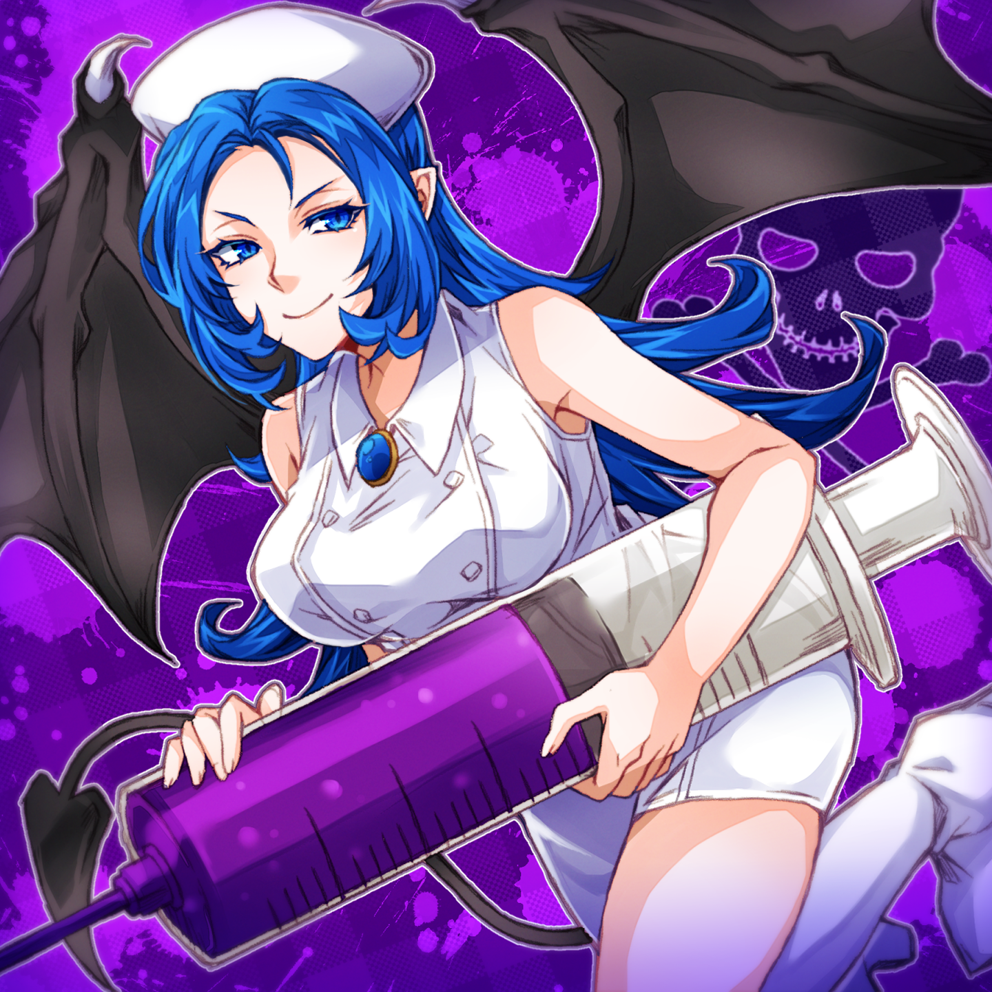 user pjdc3332, nyx (castlevania), castlevania: portrait of ruin, castlevania (series), commentary request, highres, 1girl, amulet, blue eyes, blue hair, boots, breasts, bubble, demon tail, demon wings, hat, holding, holding syringe, large syringe, long hair, looking at viewer, medium breasts, monster girl, nurse, nurse cap, oversized object, pointy ears, poison, purple background, purple liquid, skull and crossbones, solo, splatter, syringe, tail, white boots, wings