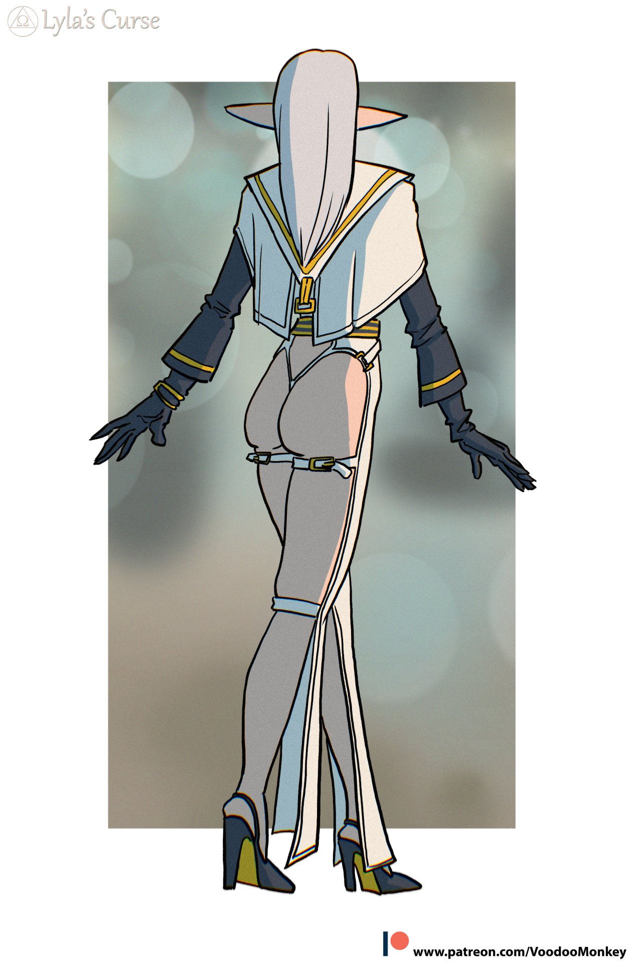 original, commentary, english commentary, highres, 1girl, ass, backless pants, bare legs, butt crack, cape, elf, full body, gloves, grey hair, high heels, legs, lyla ailwind, lylas curse, pants, pointy ears, sailor collar, thong, voodoo monkey, walking away, white sailor collar