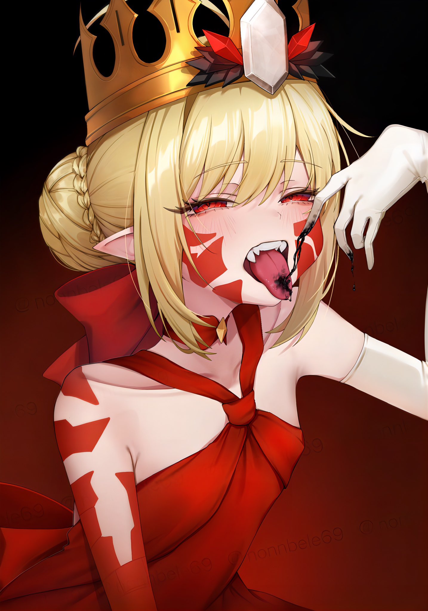 nero claudius (fate), queen draco (fate), queen draco (first ascension) (fate), fate/grand order, fate (series), commentary request, highres, 1girl, bare shoulders, blonde hair, blush, braid, crown, dress, flat chest, nonnbele69, open mouth, pointy ears, red dress, red eyes, solo, teeth, tongue, tongue out, upper body