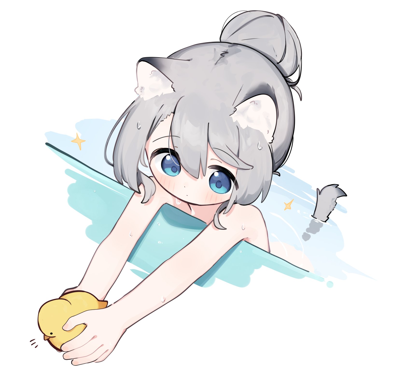 riya (01214), original, commentary request, highres, 1girl, animal ear fluff, animal ears, blue eyes, blush, closed mouth, grey hair, hair between eyes, hair bun, holding, partially submerged, rubber duck, solo, sparkle, tail, water, wet, white background