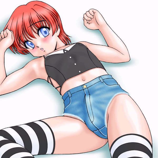 room121, jpeg artifacts, 1boy, blush, bulge, crossdressing, crossdressing (mtf), denim, male focus, short hair, shota, solo, striped clothes, striped thighhighs, thighhighs, trap