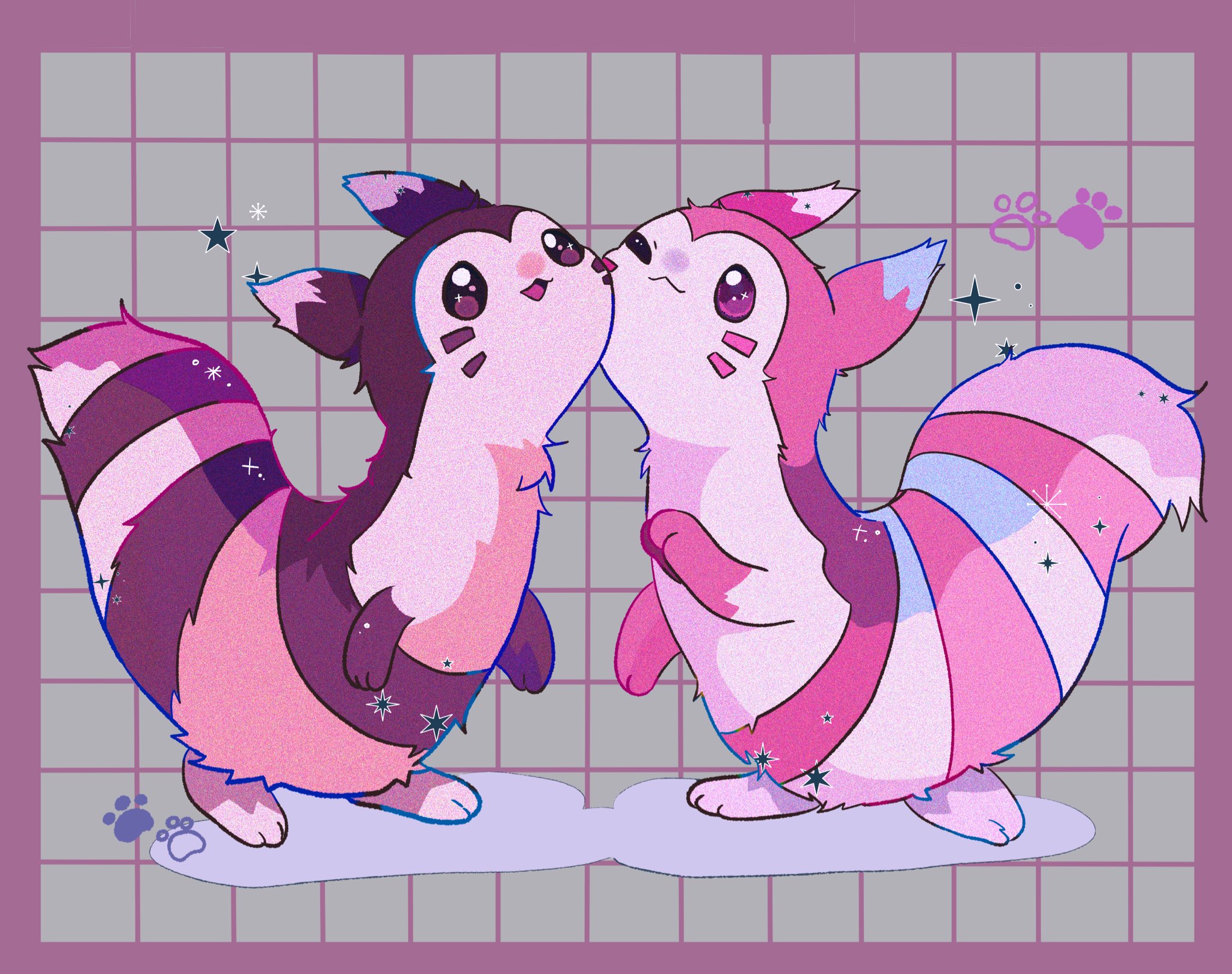 mendako (tyatyaumai29), furret, nintendo, pokemon, commentary request, highres, alternate color, animal focus, brown eyes, gen 2 pokemon, no humans, open mouth, paw print, pink eyes, pokemon (creature), shiny and normal, shiny pokemon, smile, standing, star (symbol)