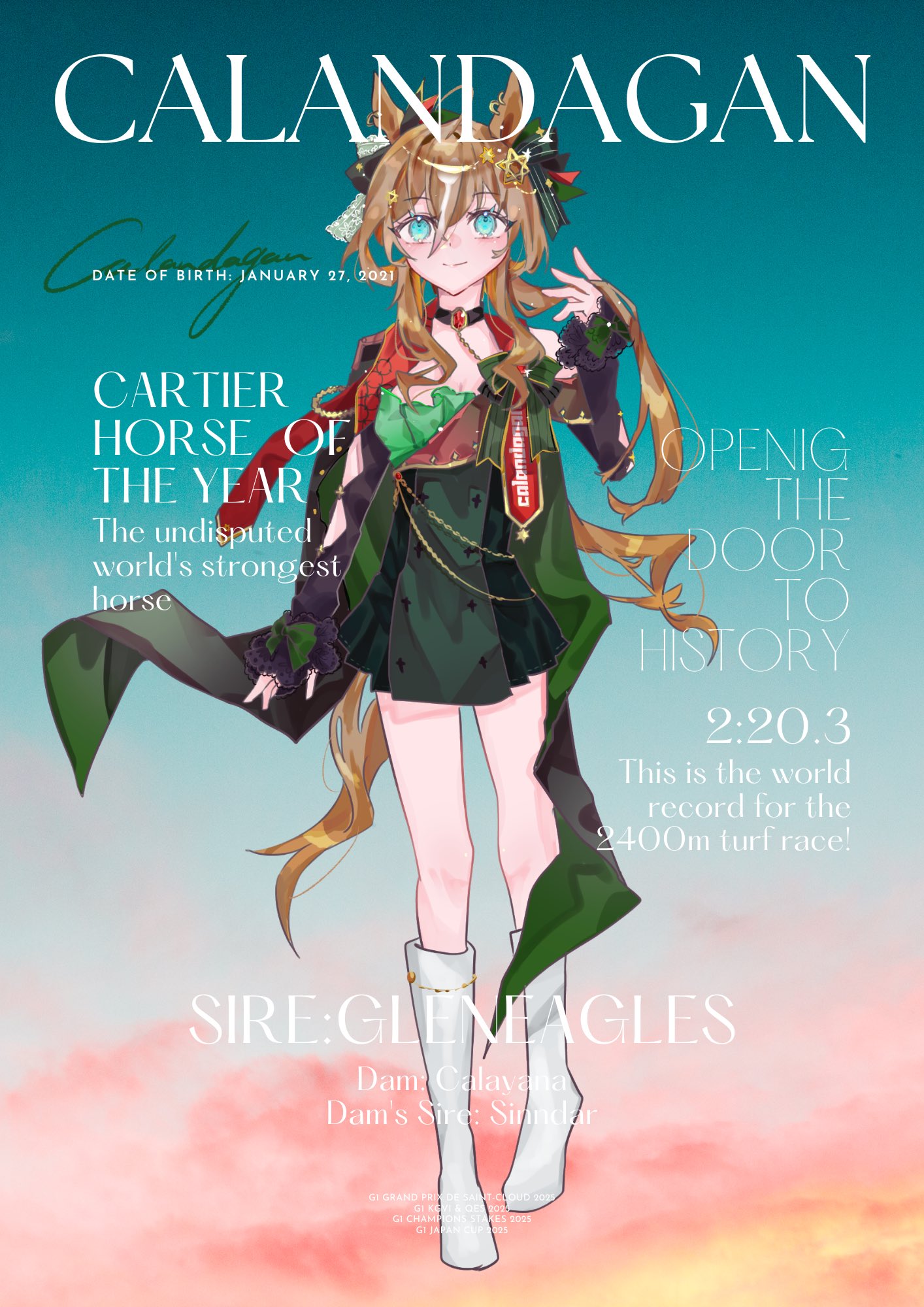 original, commentary request, highres, 1girl, animal ears, blue eyes, blush, boots, breasts, brown hair, c1crysta1, calandagan (racehorse), cleavage, closed mouth, collarbone, dated, english text, full body, hair between eyes, hair ornament, horse ears, horse girl, horse tail, looking at viewer, personification, small breasts, smile, solo, standing, tail