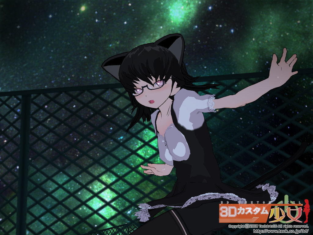 3d custom girl, 3d, animal ears, blush, cat ears, fence, glasses, night