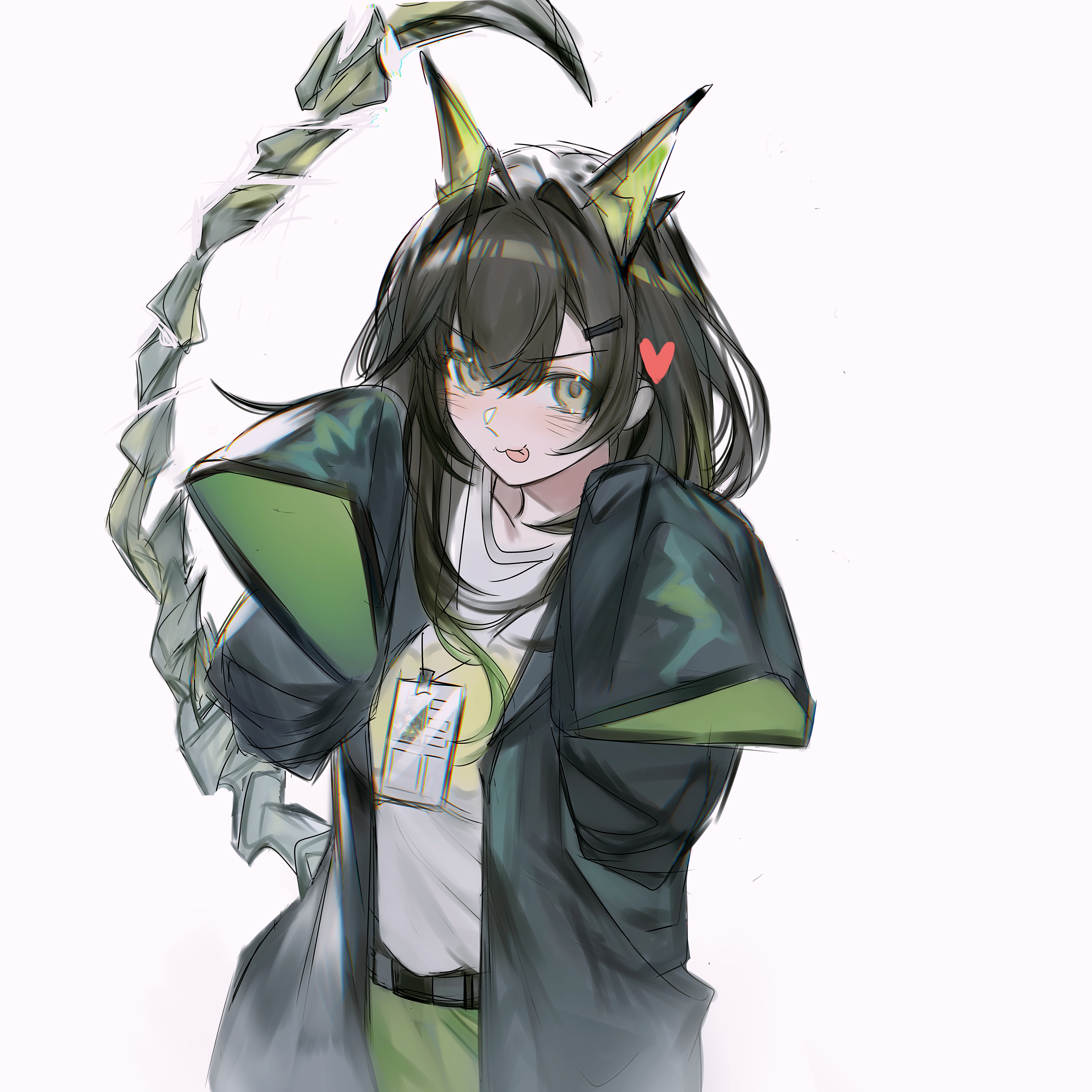 grscubes, mon3tr (arknights), arknights, absurdres, commentary request, highres, 1girl, :p, black hair, black jacket, green eyes, green hair, green skirt, hair between eyes, hair ornament, hairclip, hands up, heart, horns, jacket, lanyard, long hair, long sleeves, looking at viewer, open clothes, open jacket, pink background, shirt, simple background, skirt, sleeves past fingers, sleeves past wrists, solo, tail, tongue, tongue out, v-shaped eyebrows, white shirt