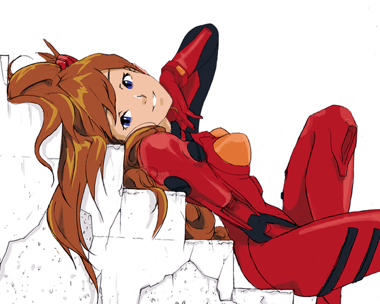 kasahara (okojyo9314), souryuu asuka langley, neon genesis evangelion, md5 mismatch, resolution mismatch, 1girl, arm between legs, blue eyes, bracer, breasts, brown hair, female focus, from side, hair ornament, head tilt, long hair, looking at viewer, lying, mecha pilot suit, medium breasts, open mouth, orange hair, plugsuit (evangelion), simple background, smile, solo, stairs, teeth