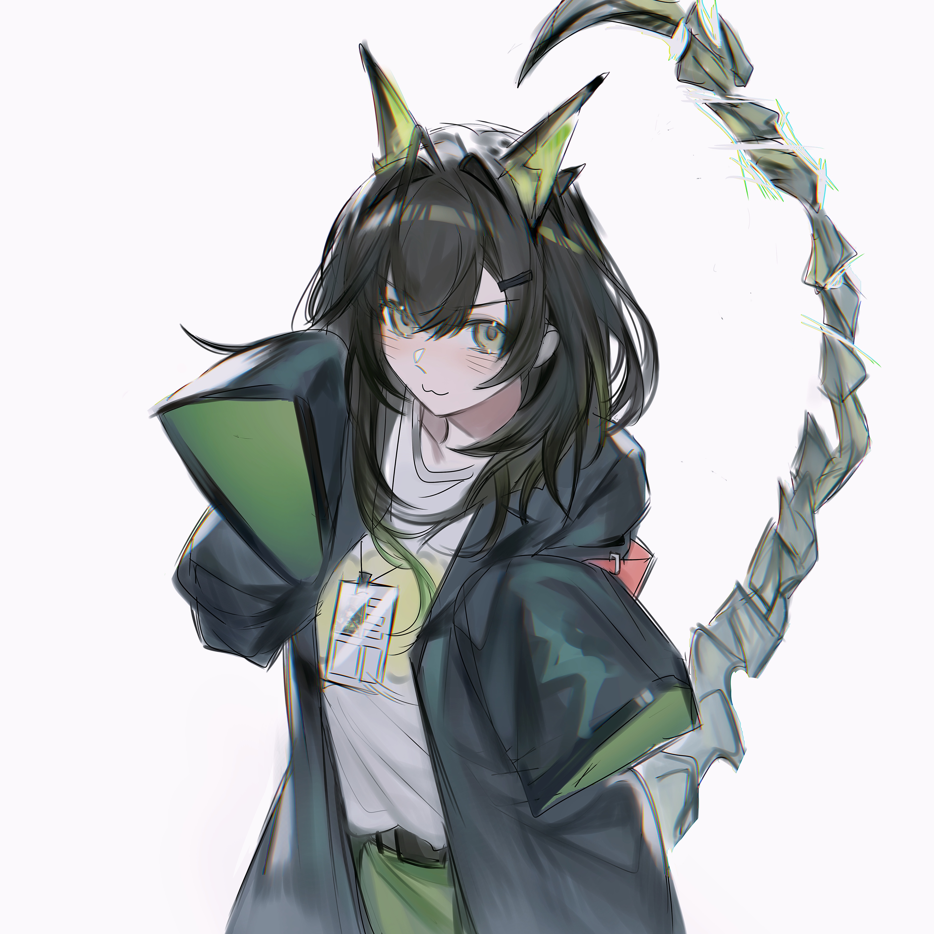 grscubes, mon3tr (arknights), arknights, absurdres, commentary request, highres, 1girl, :3, black hair, black jacket, closed mouth, green eyes, green hair, green skirt, hair between eyes, hair ornament, hairclip, hands up, heart, horns, jacket, lanyard, long hair, long sleeves, looking at viewer, open clothes, open jacket, pink background, shirt, simple background, skirt, sleeves past fingers, sleeves past wrists, solo, tail, v-shaped eyebrows, white shirt