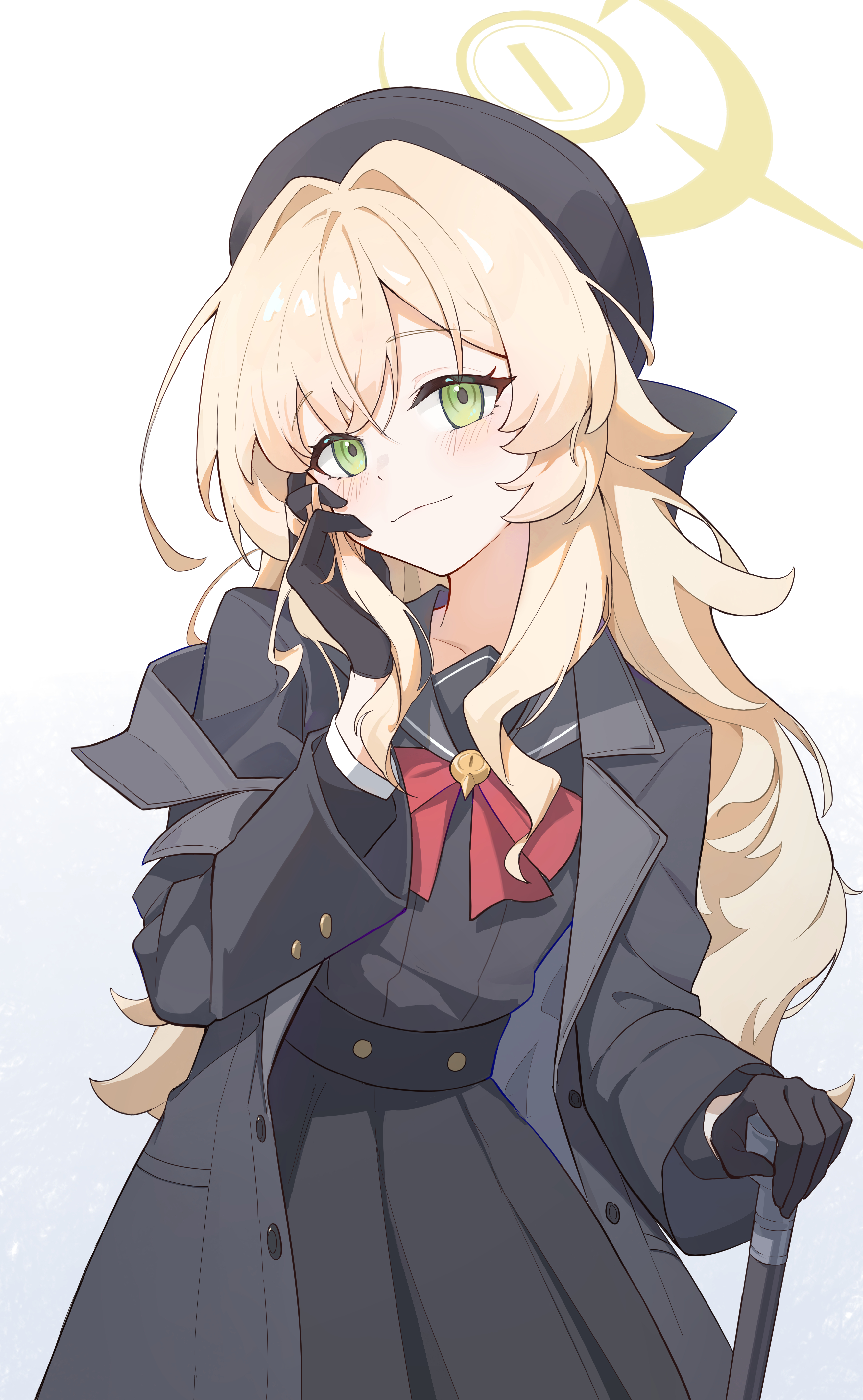 professor niyaniya (blue archive), blue archive, fluffy hair, absurdres, chinese commentary, commentary request, highres, 1girl, beret, black coat, black gloves, black hat, black sailor collar, black serafuku, black shirt, black skirt, blonde hair, blush, bow, bowtie, buttons, cane, closed mouth, coat, collarbone, double-parted bangs, gloves, gradient background, green eyes, halo, hat, holding, holding cane, holding own hair, layered sleeves, leaning to the side, light smile, long hair, long sleeves, looking at viewer, open clothes, open coat, pleated skirt, red bow, red bowtie, sailor collar, sailor shirt, school uniform, serafuku, shirt, sidelocks, single off shoulder, skirt, solo, split mouth, szi f, white background, yellow halo