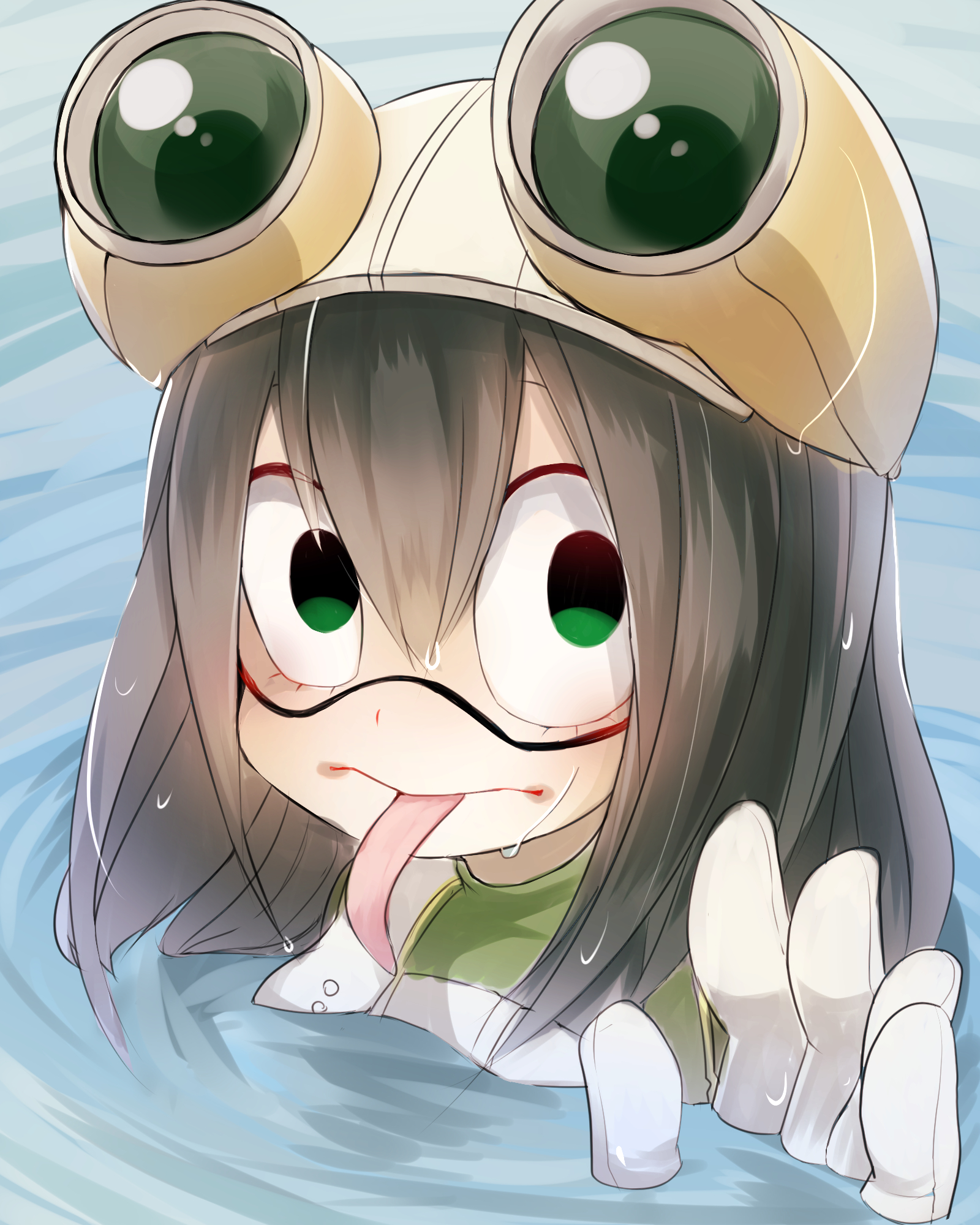 reirou (chokoonnpu), asui tsuyu, boku no hero academia, commentary request, highres, 1girl, black hair, gloves, green eyes, hair between eyes, hat, long hair, long tongue, looking at viewer, partially submerged, ripples, solo, tongue, tongue out, white gloves