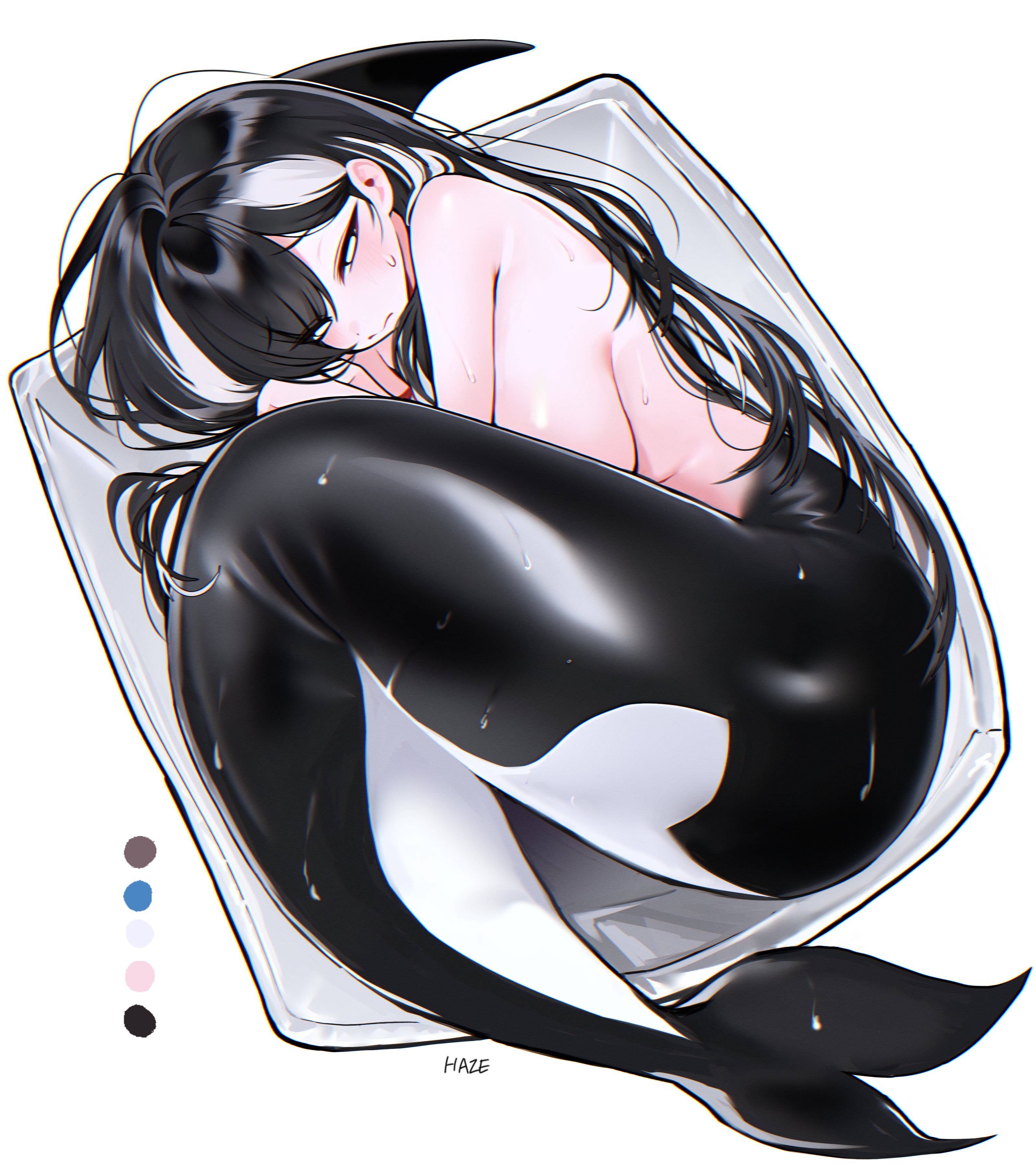 haze (7h4ze), orca (haze (7h4ze)), original, absurdres, highres, 1girl, black hair, breasts, cetacean tail, fetal position, fins, fish tail, large breasts, lying, mermaid, monster girl, on side, orca, orca girl, sitting, solo, tail, topless female, wet, whale girl, white eyes