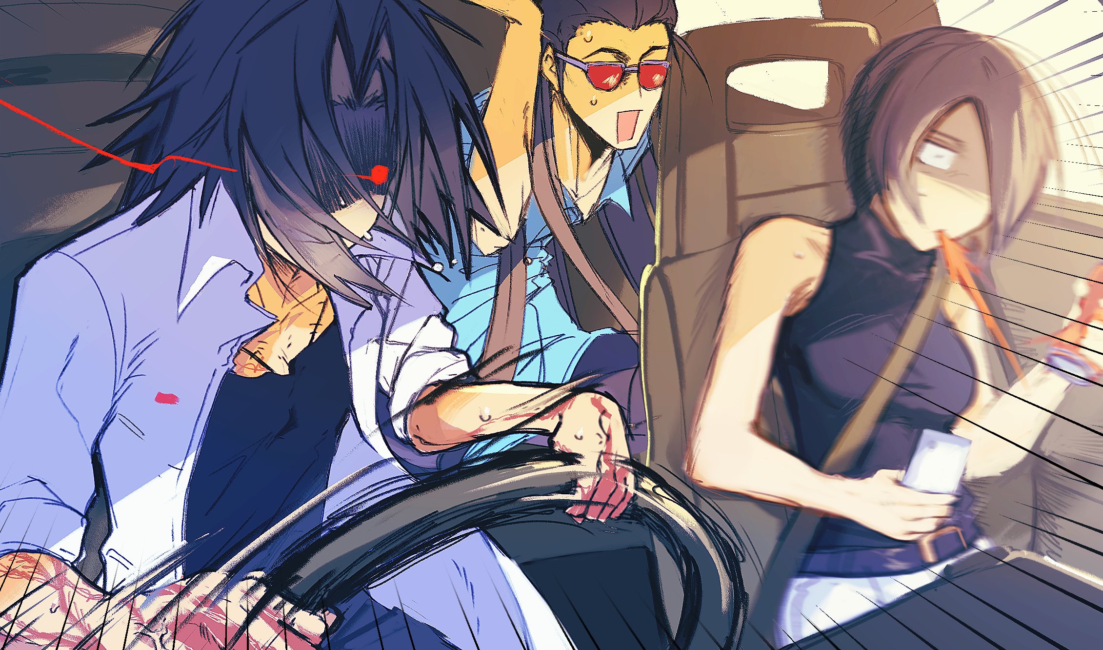 sora (zombiebathwater), akatsuki (akatsuki en-eins), kanae (akatsuki en-eins), sai (akatsuki en-eins), akatsuki blitzkampf, en-eins kanzen sekai, commentary, english commentary, highres, 1girl, 2boys, breasts, car interior, cellphone, covered eyes, driving, large breasts, multiple boys, phone, saliva, smartphone, sunglasses, surprised, sweat, tomboy