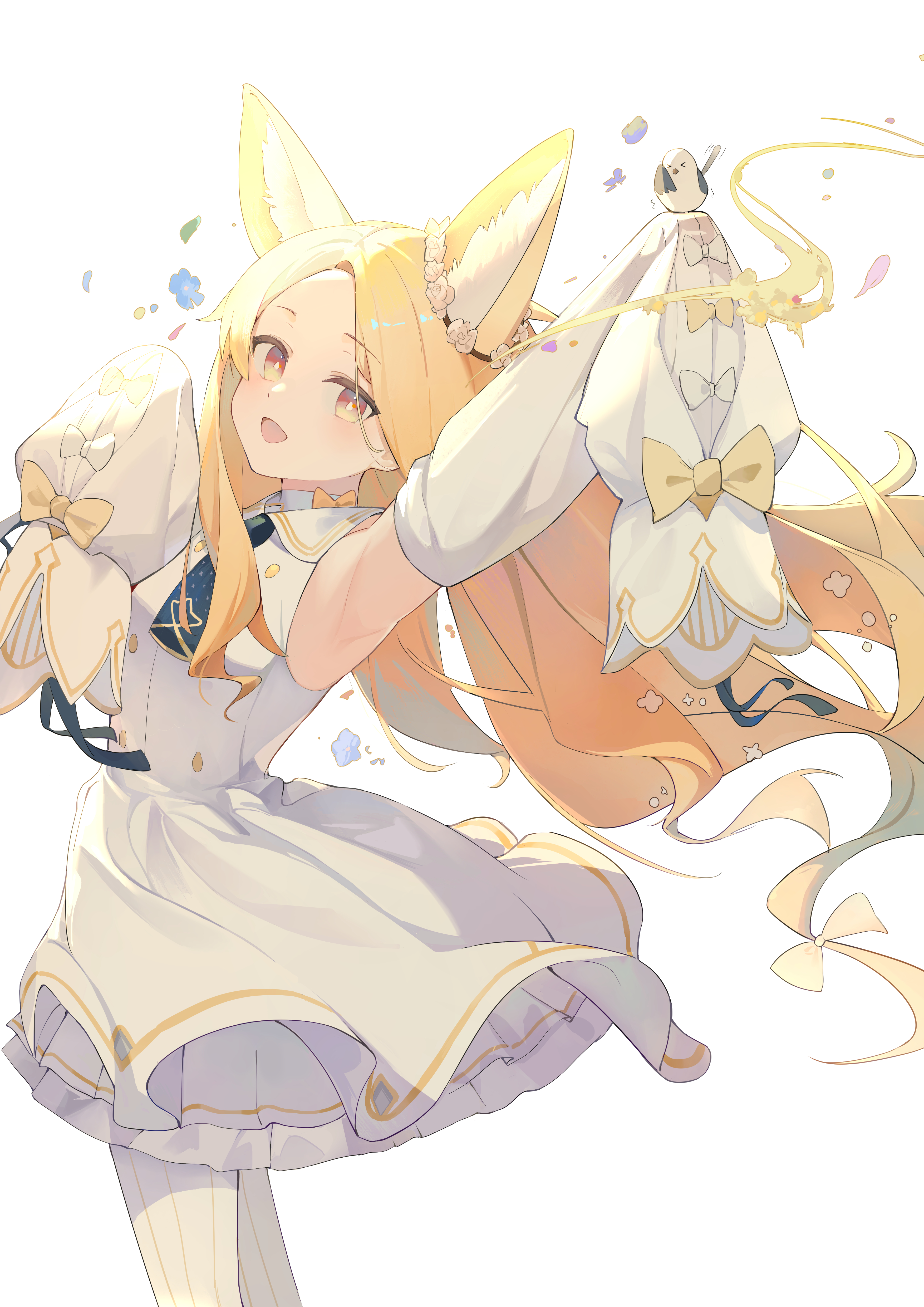 seia (blue archive), blue archive, absurdres, chinese commentary, commentary request, highres, 1girl, :d, animal ear fluff, animal ears, arm up, armpits, bird, bird on hand, black necktie, blonde hair, blush, bow, breasts, buttons, detached sleeves, double-breasted, dress, floating hair, flower, fox ears, fox girl, from side, hair bow, hair flower, hair ornament, hand up, long-tailed tit, long hair, long sleeves, looking at viewer, looking to the side, necktie, no halo, no tail, open mouth, outstretched arm, pantyhose, puffy long sleeves, puffy sleeves, sailor collar, simple background, sleeve bow, sleeveless, sleeveless dress, sleeves past fingers, sleeves past wrists, small breasts, smile, solo, striped clothes, striped pantyhose, szi f, tit (bird), vertical-striped clothes, vertical-striped pantyhose, very long hair, white background, white bird, white bow, white pantyhose, white sailor collar, white sleeves, wind, yellow bow