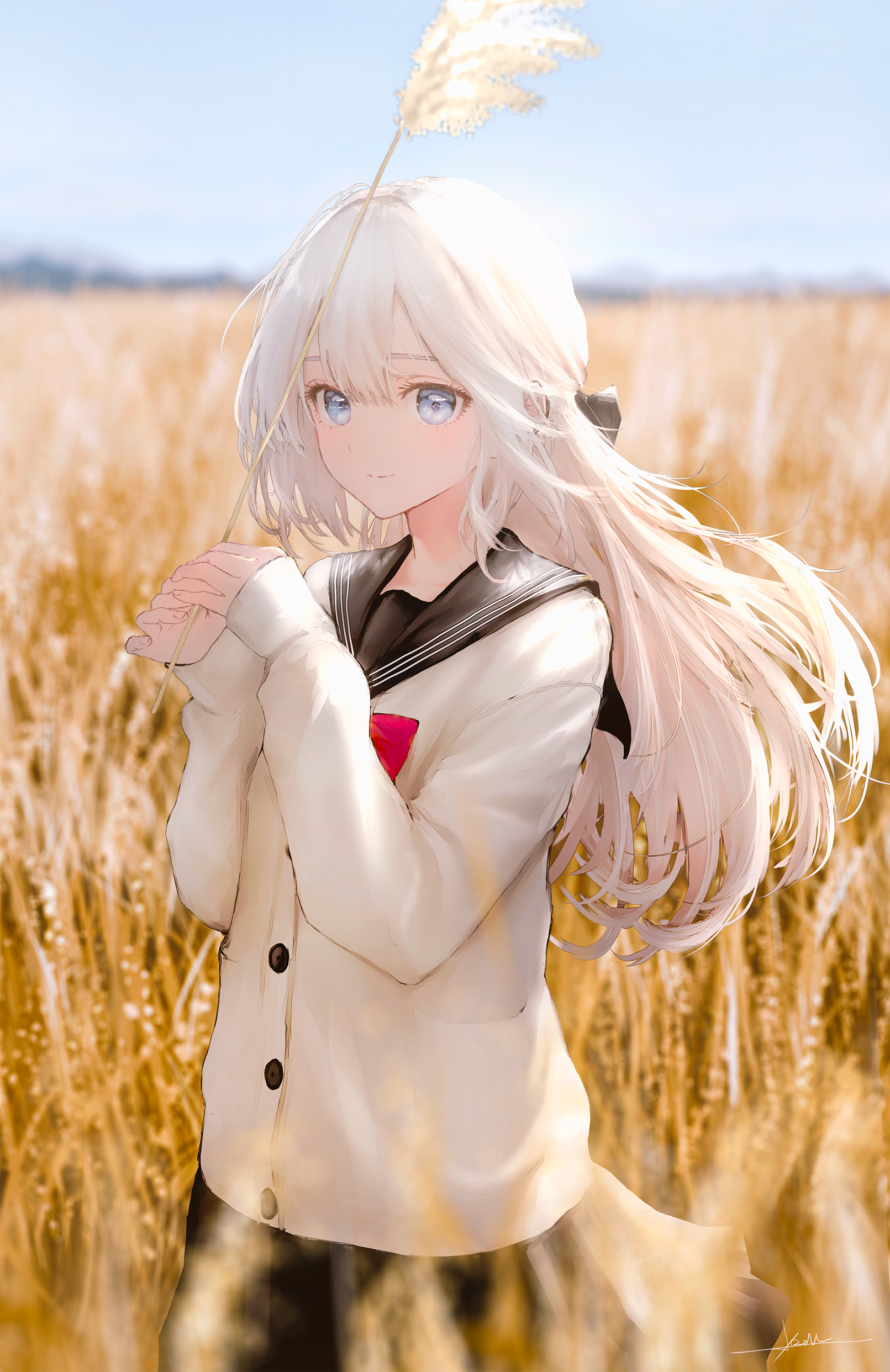 jizell, original, absurdres, commentary request, highres, 1girl, black sailor collar, black skirt, blue eyes, blue sky, blurry, blurry background, blurry foreground, cardigan, closed mouth, day, depth of field, hair between eyes, hands up, holding, light smile, long hair, long sleeves, looking at viewer, outdoors, pleated skirt, puffy long sleeves, puffy sleeves, sailor collar, school uniform, serafuku, skirt, sky, sleeves past wrists, solo, standing, very long hair, wheat field, white cardigan, white hair