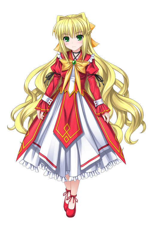 higuchi isami, emit, mahou shoujo sae, game cg, large variant set, non-web source, official art, variant set, 1girl, blonde hair, bow, choker, dress, frills, frown, full body, green eyes, hair bow, hair intakes, hair ribbon, jewelry, leg ribbon, long hair, long sleeves, looking at viewer, ribbon, shoes, solo, standing, tachi-e, transparent background, very long hair, yellow bow