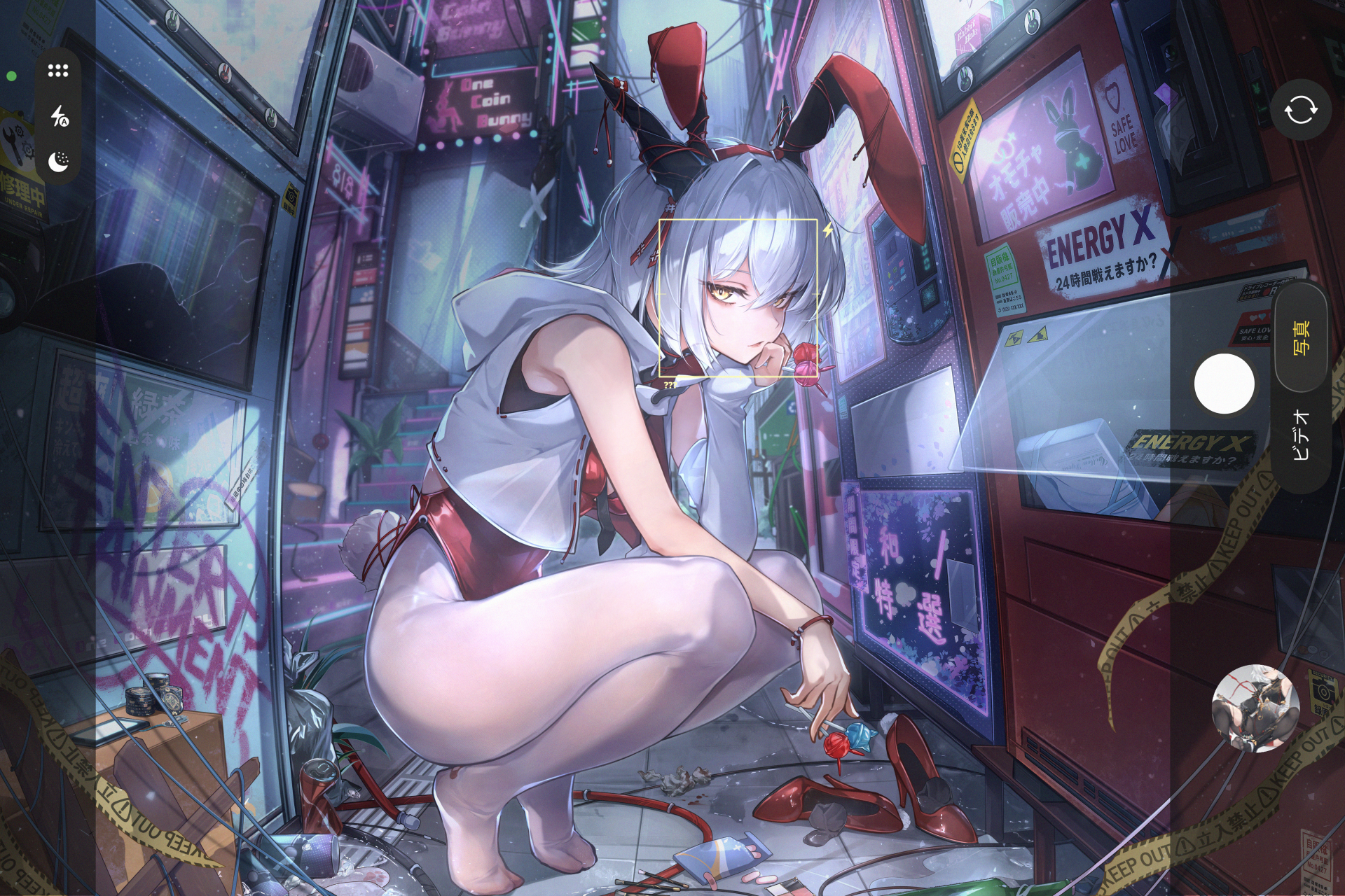 yue ying jin feng, original, commentary request, highres, 1girl, animal ears, arrow (symbol), bare arms, bare shoulders, brown eyes, building, candy, caution tape, crushed can, day, fake animal ears, food, grey hair, hairband, high heels, holding, holding candy, holding food, holding lollipop, hood, hood down, hooded jacket, jacket, keep out, leotard, lightning bolt symbol, lollipop, looking at viewer, outdoors, pantyhose, playboy bunny, power lines, rabbit ears, red hairband, red leotard, red shoes, shoes, sleeveless, sleeveless jacket, solo, squatting, stairs, tiptoes, unworn shoes, utility pole, vending machine, viewfinder, white jacket, white pantyhose