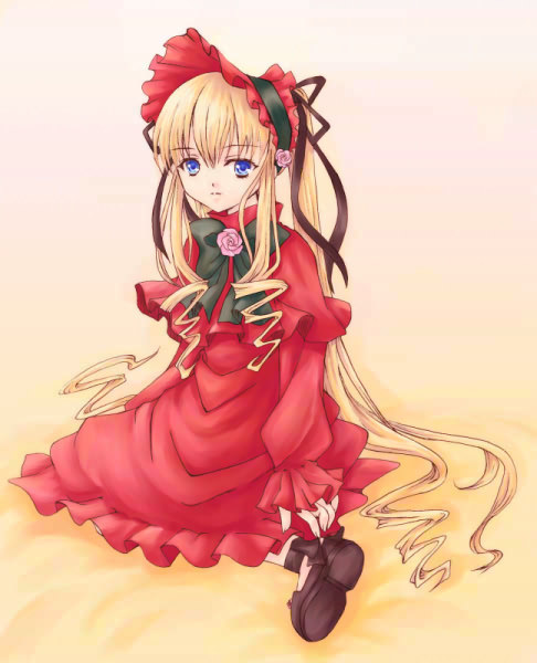 koizumi rei, shinku, rozen maiden, 00s, 1girl, blonde hair, blue eyes, bonnet, dress, drill hair, expressionless, female focus, long hair, long sleeves, red dress, sidelocks, simple background, sitting, solo, twintails, very long hair, yellow background