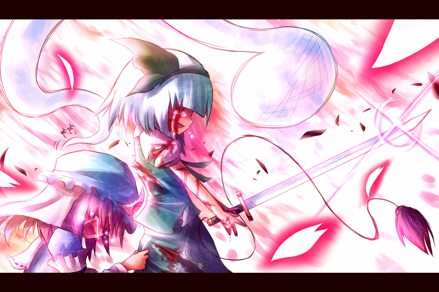 ayakashi (monkeypanch), konpaku youmu, konpaku youmu (ghost), saigyouji yuyuko, touhou, silver hair, bad id, bad pixiv id, 2girls, blood, crying, cuts, female focus, ghost, hairband, hat, hitodama, injury, katana, letterboxed, multiple girls, petals, pink hair, short hair, sword, tears, torn clothes, weapon