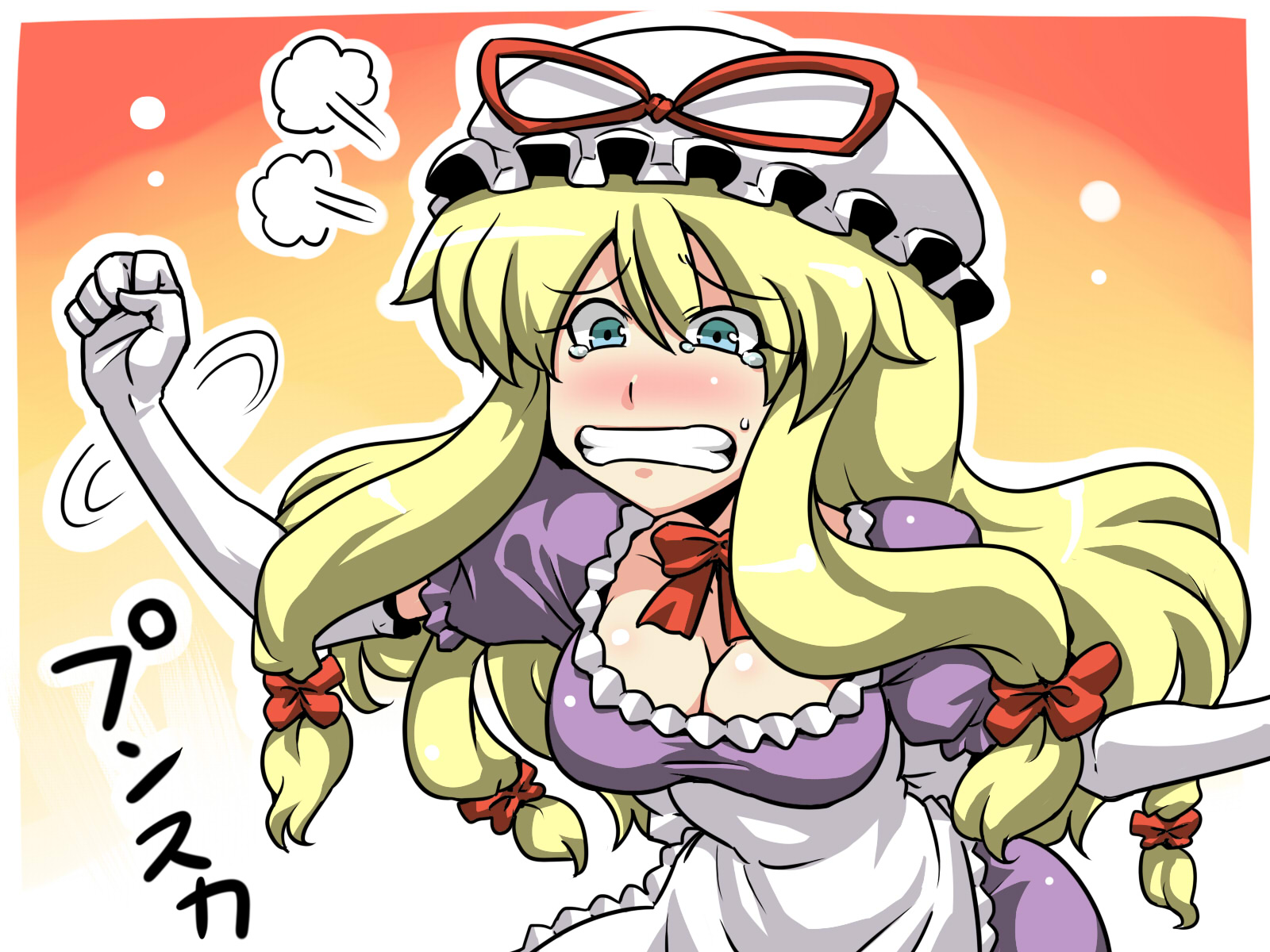 tukiwani, yakumo yukari, touhou, highres, 1girl, blonde hair, blue eyes, blush, breasts, cleavage, elbow gloves, female focus, gloves, hair ribbon, hat, long hair, medium breasts, ribbon, solo, tears, white gloves