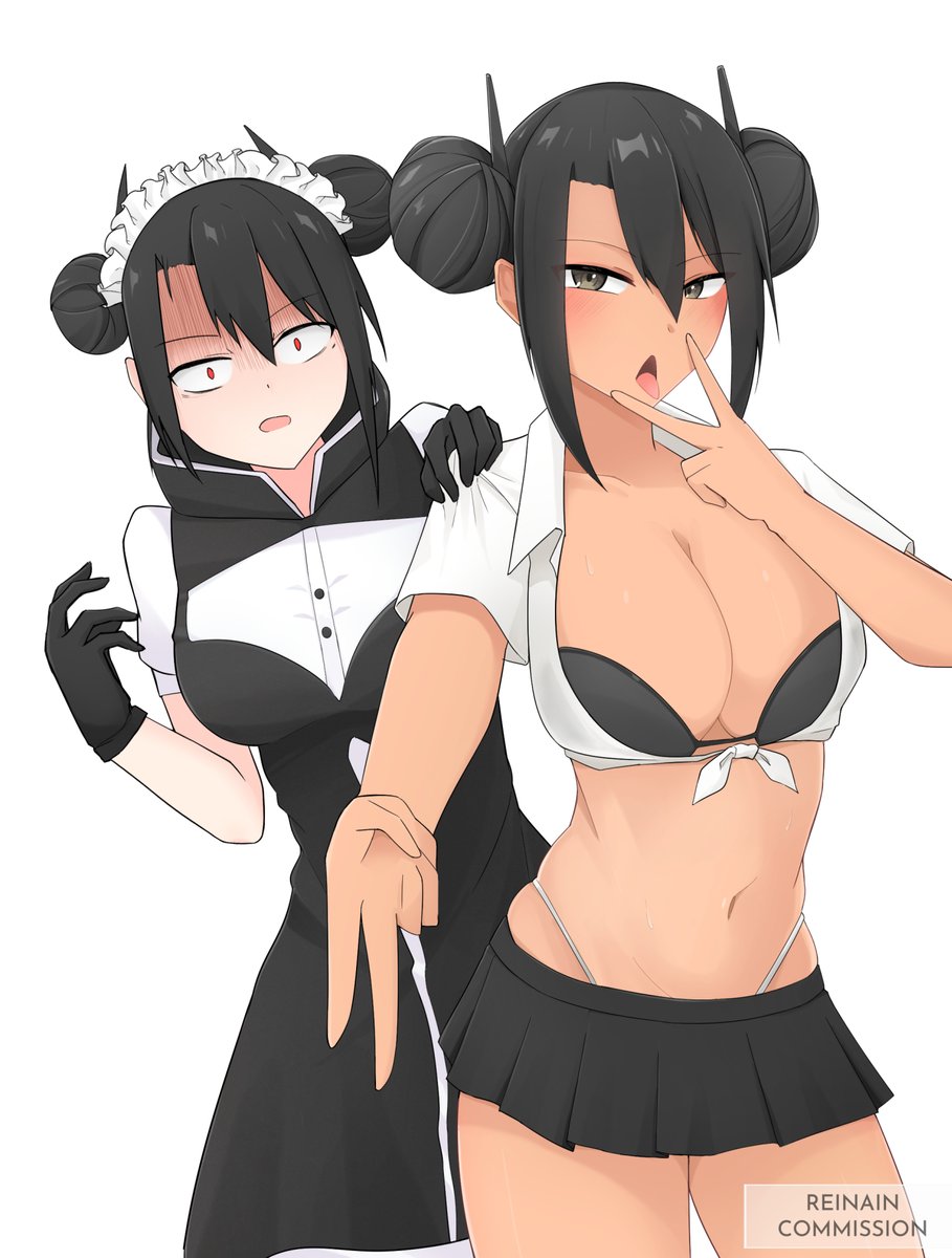 agent (girls' frontline), girls' frontline, commentary, english commentary, highres, 2girls, black gloves, black hair, blush, breasts, cleavage, dark-skinned female, dark skin, double bun, dress, gloves, gyaru, hair between eyes, hair bun, large breasts, long hair, looking at viewer, maid, maid headdress, multiple girls, reinainn, sangvis ferri, short sleeves, solo, tan, thighhighs, v, yellow eyes