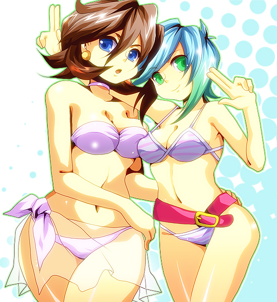 hcsb, allenby beardsley, rain mikamura, g gundam, gundam, 1990s (style), 2girls, :o, antenna hair, aqua hair, asymmetrical docking, bandeau, belt, belt skirt, bikini, blue eyes, breast press, breasts, brown hair, choker, cleavage, earrings, finger gun, gradient hair, green eyes, green hair, hair between eyes, halftone, halftone background, hug, hug from behind, jewelry, multicolored hair, multiple girls, navel, open mouth, outline, retro artstyle, sarong, see-through clothes, see-through sarong, short hair, smile, sparkle, standing, striped bikini, striped clothes, swept bangs, swimsuit, thick thighs, thighs, white bikini, wide hips