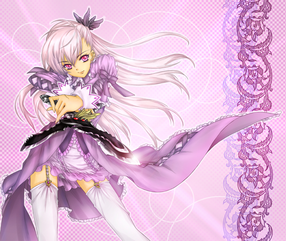 gene (pixiv), 1girl, dress, earrings, female focus, garter straps, hair ornament, jewelry, knife, long hair, purple eyes, purple hair, solo, thighhighs, wind