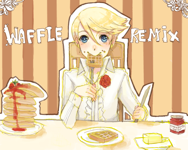 kuma (persona 4), atlus, persona, persona 4, 1boy, blonde hair, blue eyes, blush, blush stickers, butter, chair, eating, flower, food, male focus, rose, shirt, solo, waffle