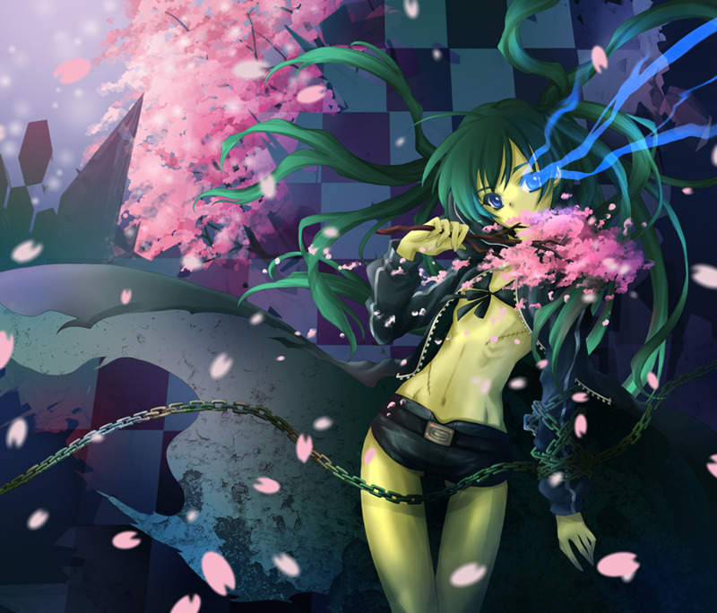 gene (pixiv), black rock shooter (character), black rock shooter, 10s, 1girl, bikini, bikini top only, blue eyes, cherry blossoms, female focus, glowing, glowing eyes, green hair, long hair, petals, scar, shorts, solo, swimsuit, twintails
