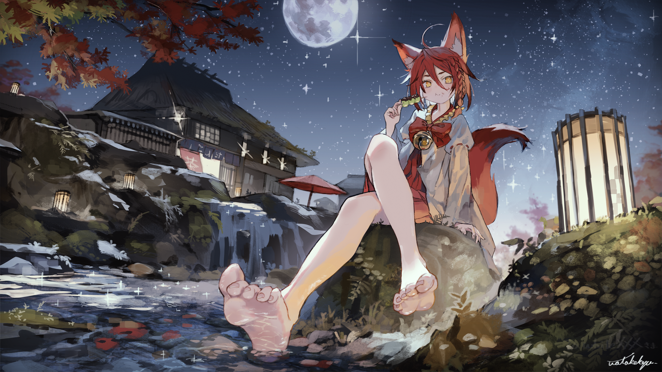 watakokyu, original, commentary request, commission, highres, skeb commission, 1girl, ahoge, animal ear fluff, animal ears, bare legs, barefoot, bell, bow, closed mouth, eating, feet, food, fox ears, fox girl, fox tail, full moon, hair between eyes, hakama, hakama short skirt, hakama skirt, holding, holding food, japanese clothes, jingle bell, lantern, legs, long sleeves, looking at viewer, moon, nature, night, night sky, outdoors, red bow, red hair, red skirt, rock, short hair, signature, sitting, skirt, sky, smile, soles, solo, star (sky), starry sky, tail, toenails, toes, tree, water, wide sleeves, yellow eyes