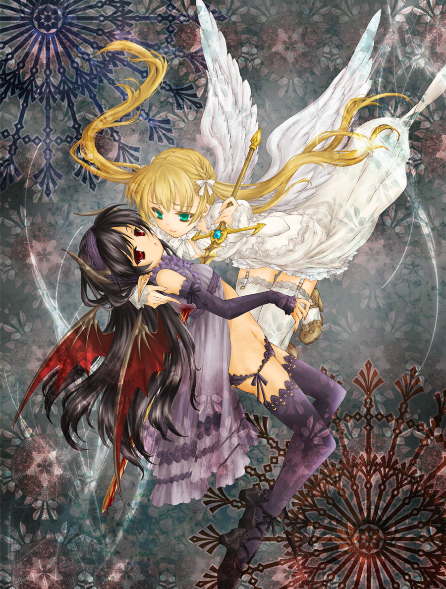 gene (pixiv), original, lace-trimmed legwear, 2girls, angel, angel and devil, black hair, blonde hair, demon, demon girl, garter straps, green eyes, horns, lace, lace trim, multiple girls, pointy ears, red eyes, sword, thighhighs, twintails, weapon, wings