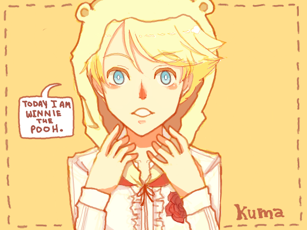 kuma (persona 4), atlus, persona, persona 4, winnie the pooh, blonde hair, blue eyes, blush stickers, cosplay, flower, male focus, oekaki, rose, shirt, solo