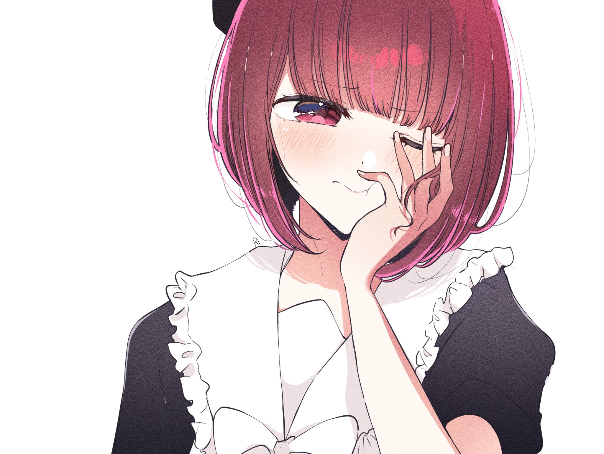 risdelusions, arima kana, oshi no ko, commentary, highres, symbol-only commentary, 1girl, blush, closed mouth, head rest, one eye closed, red eyes, red hair, short hair, simple background, solo, upper body, white background