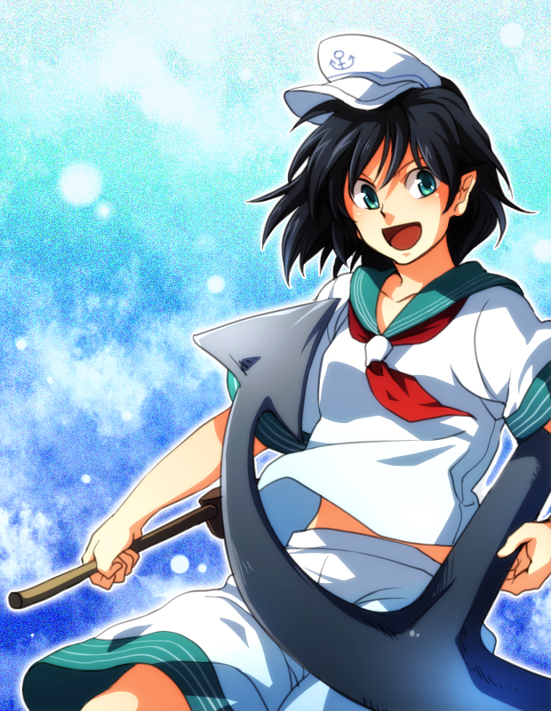 re ghotion, murasa minamitsu, touhou, bad id, bad pixiv id, 1girl, anchor, black hair, blue eyes, female focus, ghost, hat, hishaku, ladle, pointy ears, sailor, sailor hat, short hair, shorts, solo