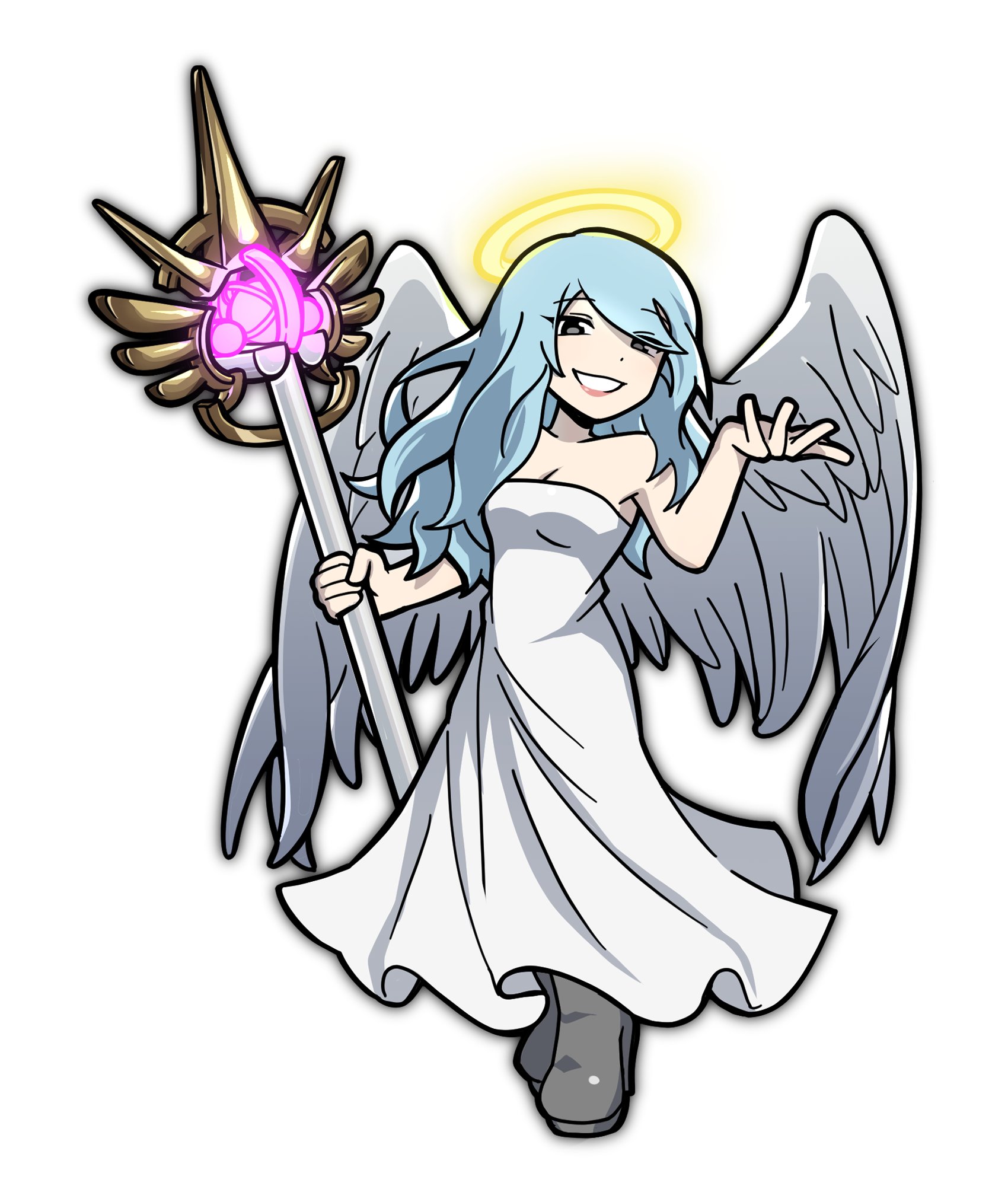 ryoko6318, roblox, commentary, english commentary, highres, 1girl, :d, angel, angel wings, bare arms, bare shoulders, blue hair, boots, breasts, cleavage, dress, eyes visible through hair, feathered wings, frilled dress, frills, full body, grey boots, grey eyes, grin, hair over shoulder, halo, hand up, high heel boots, high heels, holding, holding staff, lips, long dress, long hair, looking at viewer, medic (tower defense simulator), open mouth, pale skin, raised eyebrows, small breasts, smile, solo, staff, standing, strapless, strapless dress, swept bangs, tower defense simulator, white dress, white wings, wings, yellow halo