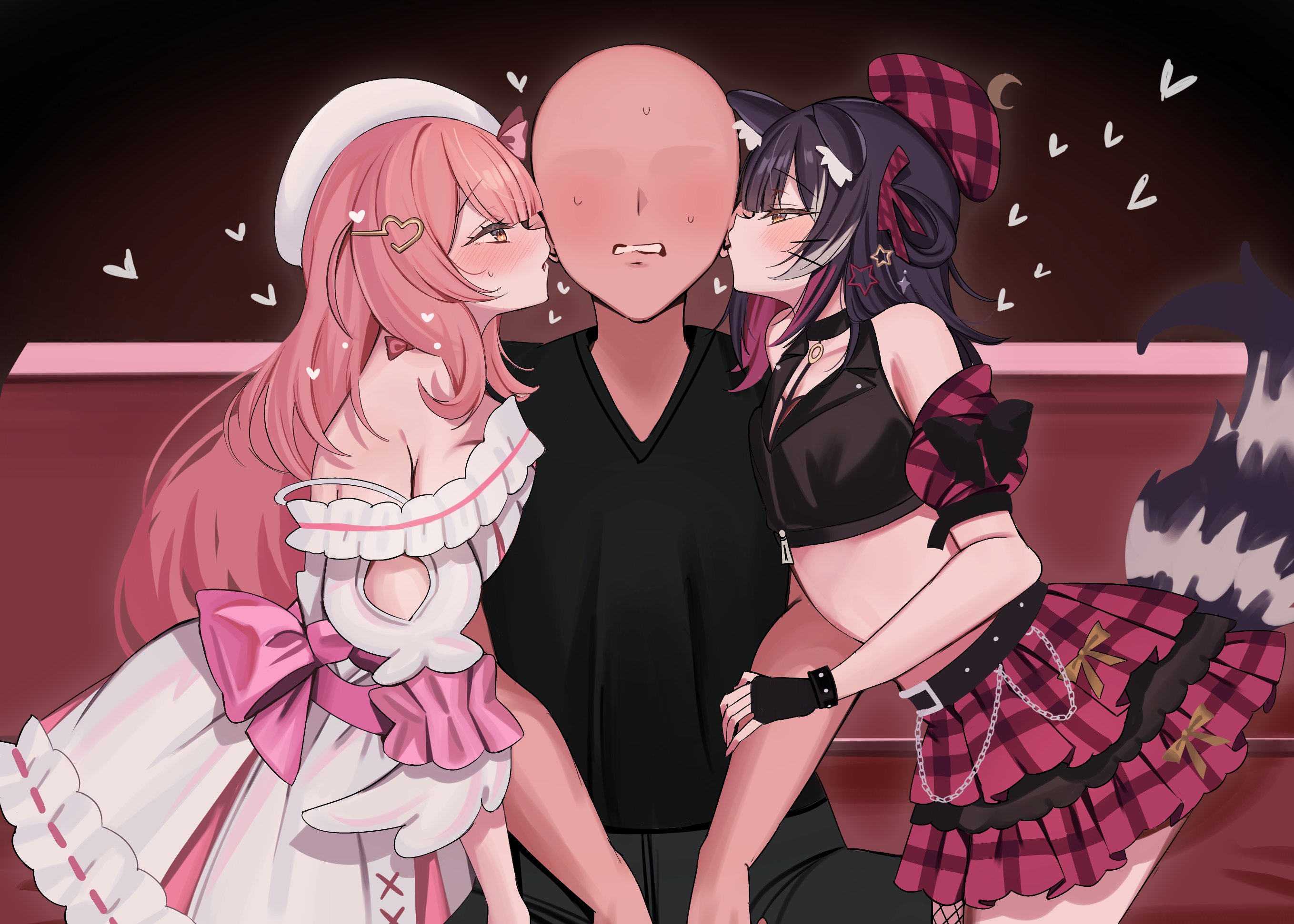 raki kazuki, indie virtual youtuber, commentary, english commentary, highres, 1boy, 2girls, animal ears, beret, black bow, black hair, black jacket, black pants, black shirt, blowing in ear, bow, colored inner hair, cropped jacket, dress, faceless, faceless male, fingerless gloves, frilled dress, frills, gloves, hair ornament, hand on another's arm, hat, heart, heart hair ornament, jacket, kumu cotton, leaning on person, lockonspace, long hair, multicolored hair, multiple girls, pants, pink bow, pink hair, pink streaks, plaid clothes, plaid hat, plaid skirt, raccoon ears, raccoon girl, raccoon tail, shirt, skirt, spoken heart, tail, virtual youtuber, white dress, white hat, white streaks